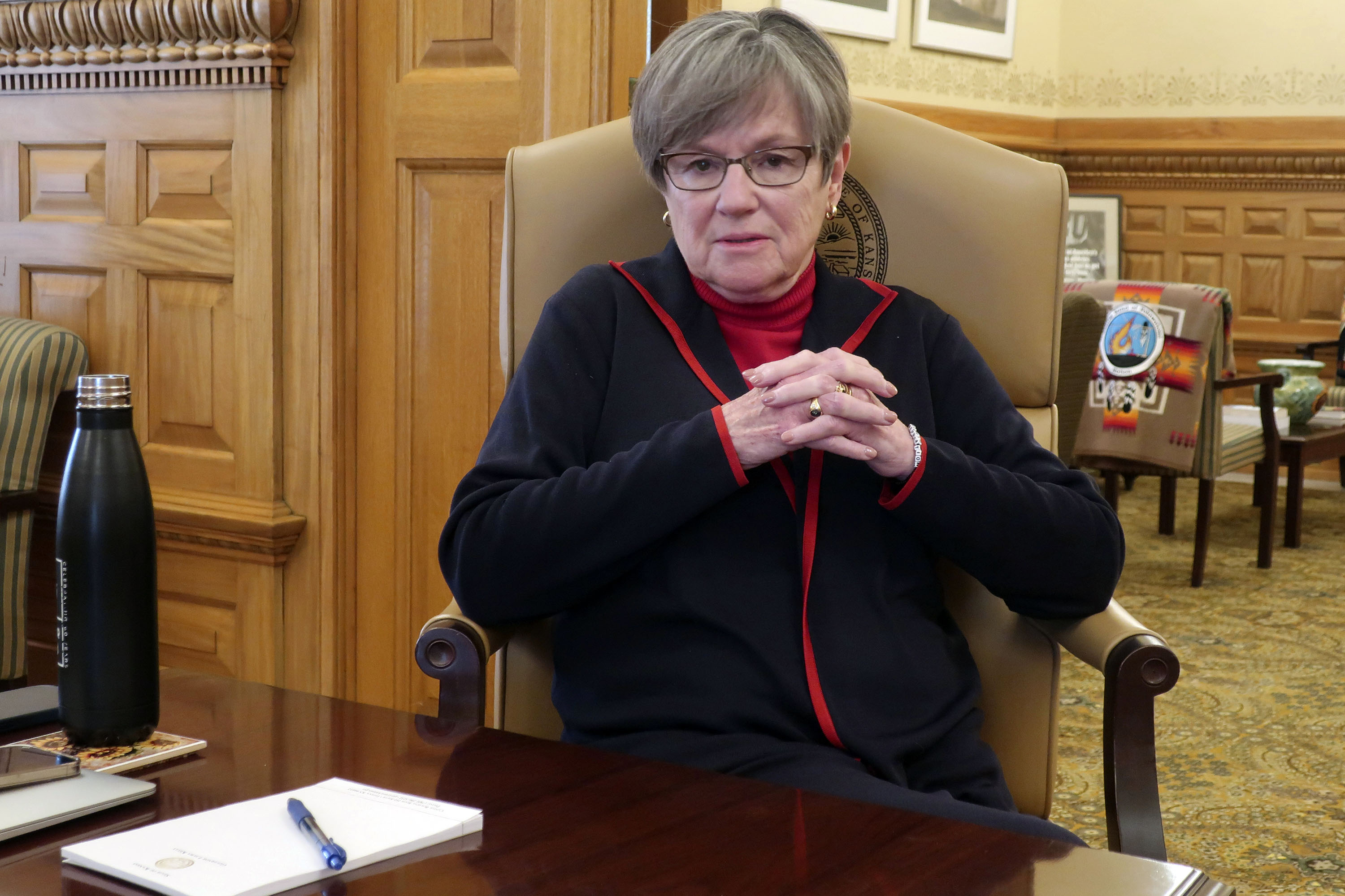 Kansas Gov. Laura Kelly is pictured in her office at the Kansas Statehouse in Topeka, Kansas, on December 20, 2023.
