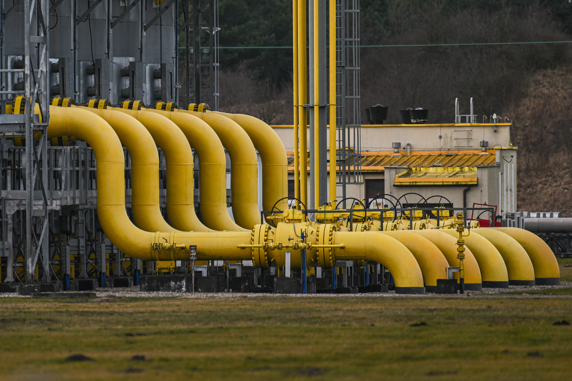 A view of giant tubes part of one of the physical exit points and compressor gas station of the Yamal–Europe gas pipeline on February 19, in Wloclawek, Poland.