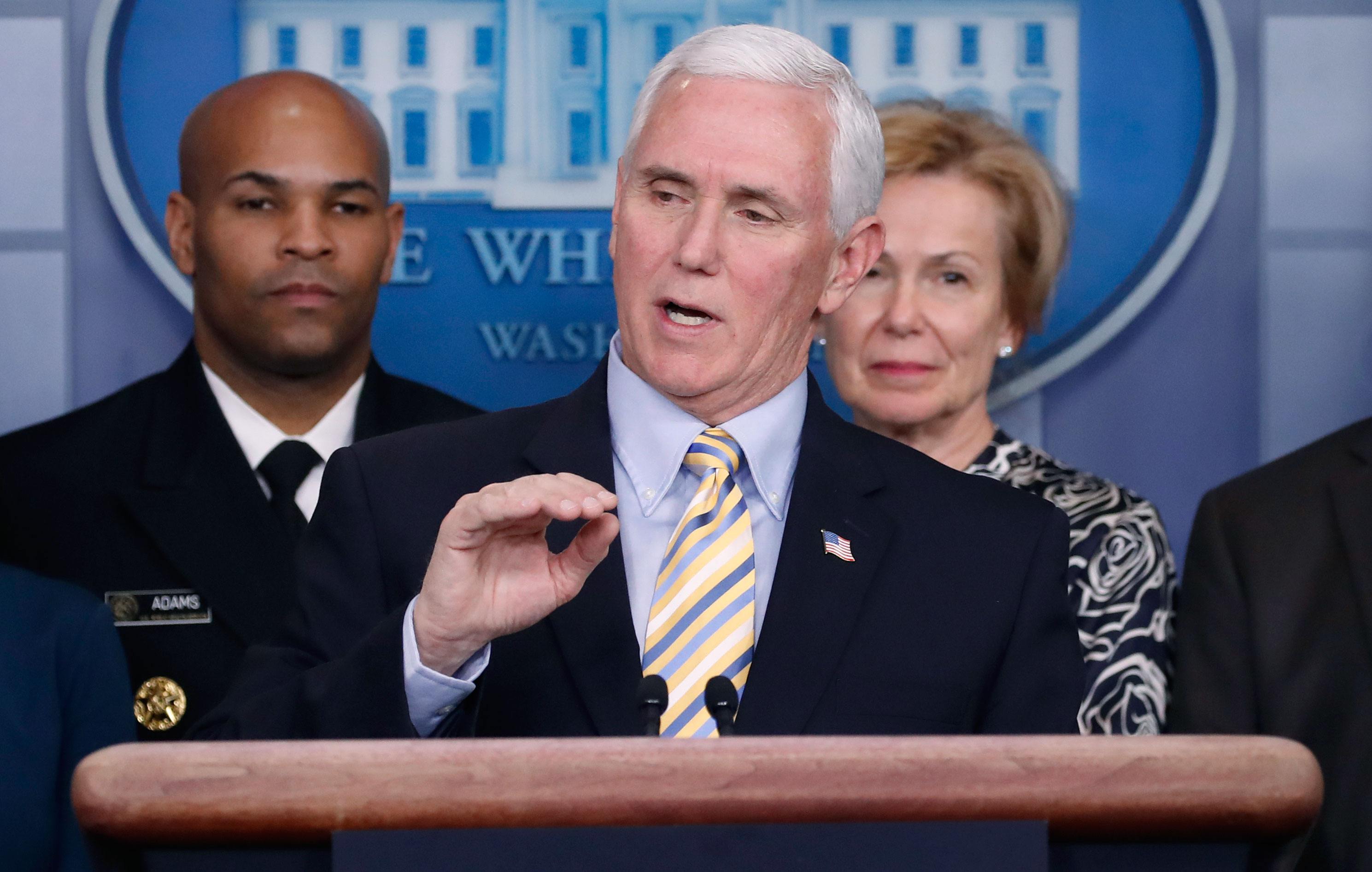 Vice President Mike Pence speaks during a briefing on coronavirus on Saturday at the White House.