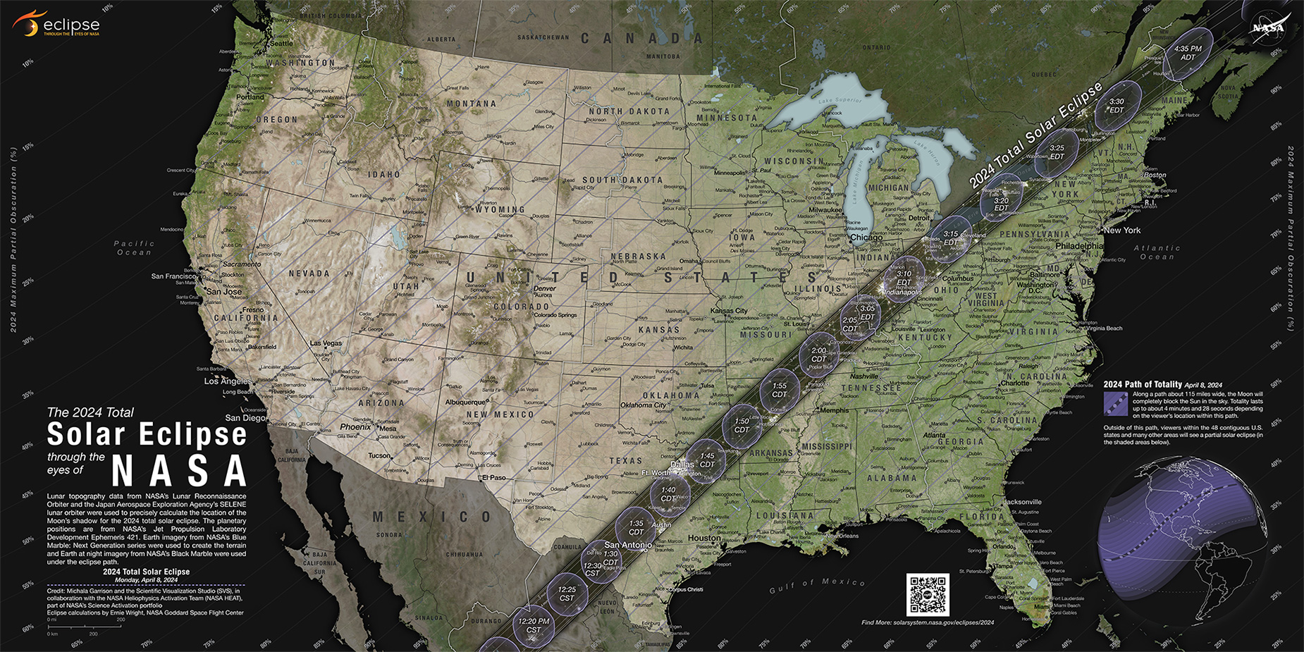 NASA's map for the total solar eclipse shows the path of totality and partial contours crossing the US.
