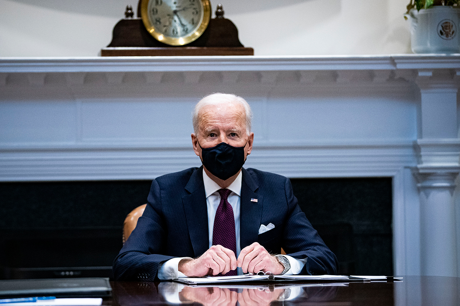 President Joe Biden speaks during a meeting with Treasury Secretary Janet Yellen and Vice President Kamala Harris in the Roosevelt Room of the White House, March 5, in Washington, DC. 