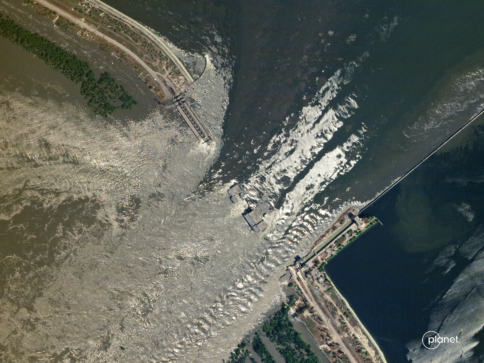 A satellite image shows damaged Nova Kakhovka Dam in Kherson region, Ukraine, June 6.