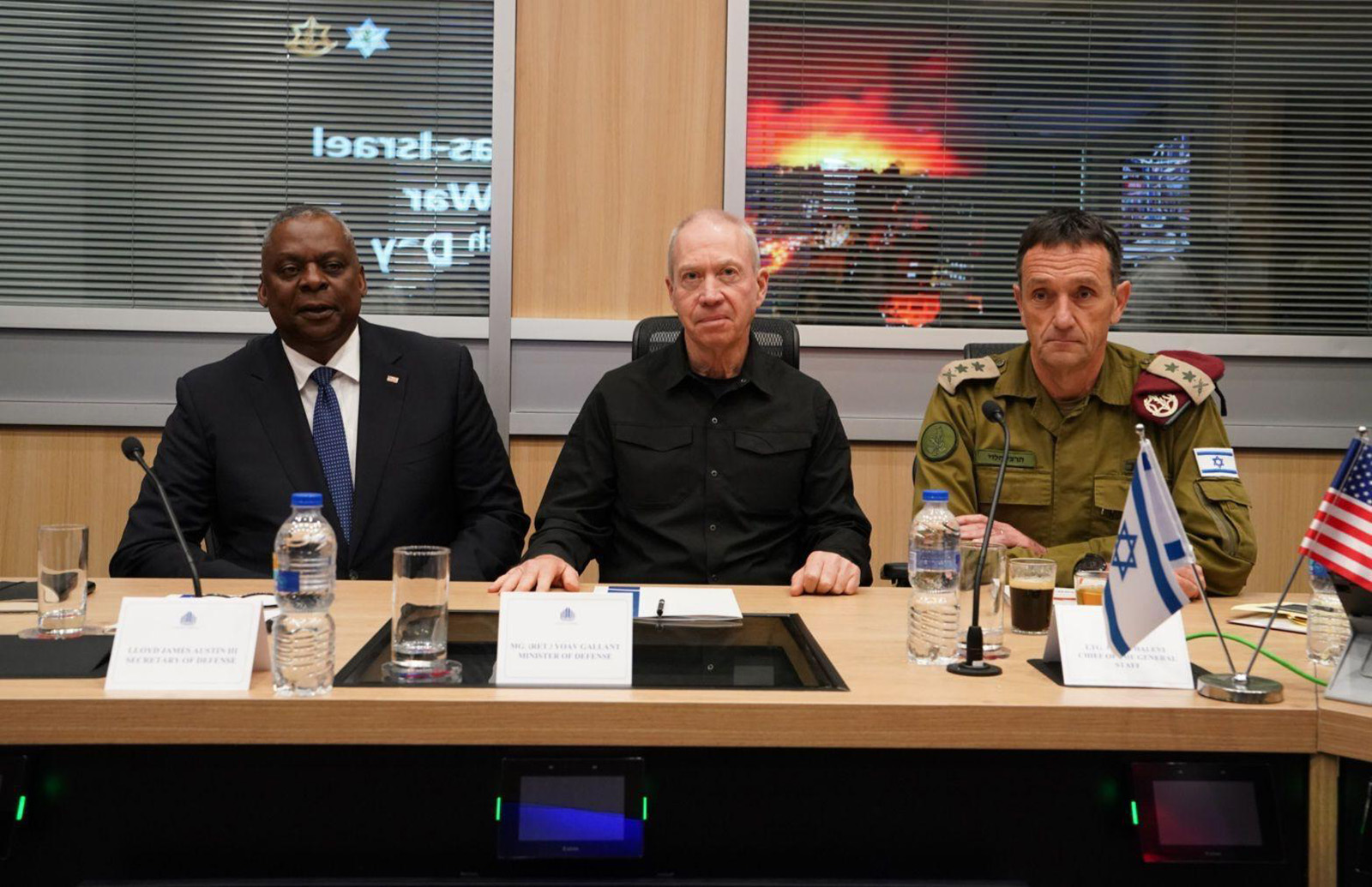 Israeli Defense Minister Yoav Gallant, center, meets with US Secretary of Defense Lloyd Austin, left, and Israeli Chief of General Staff Herzi Halevi in Tel Aviv, Israel, on October 13.