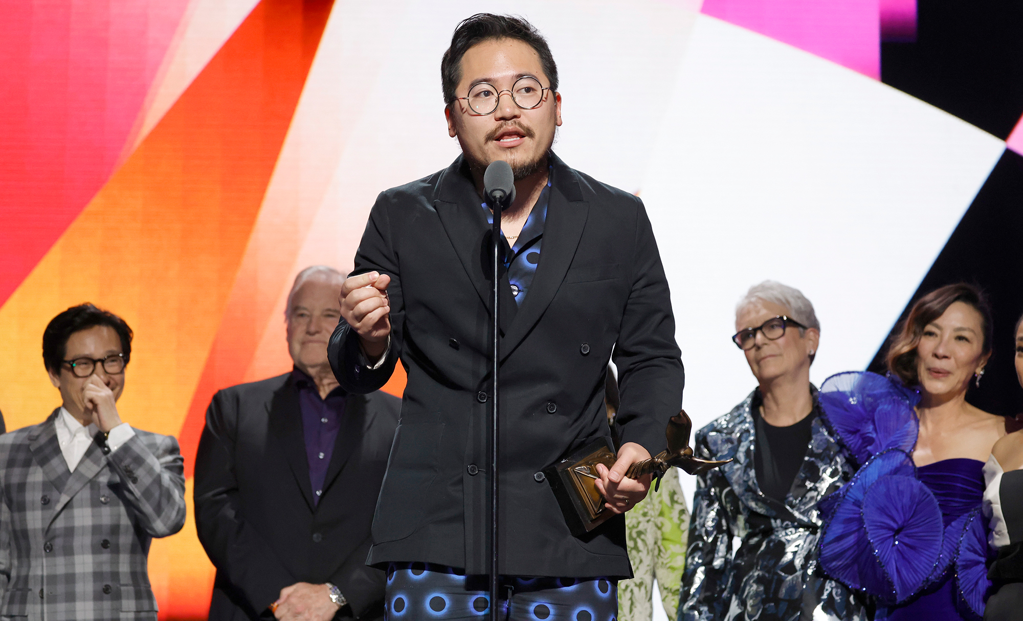 Daniel Kwan accepts the best feature award for “Everything Everywhere All at Once” at the 2023 Film Independent Spirit Awards. 