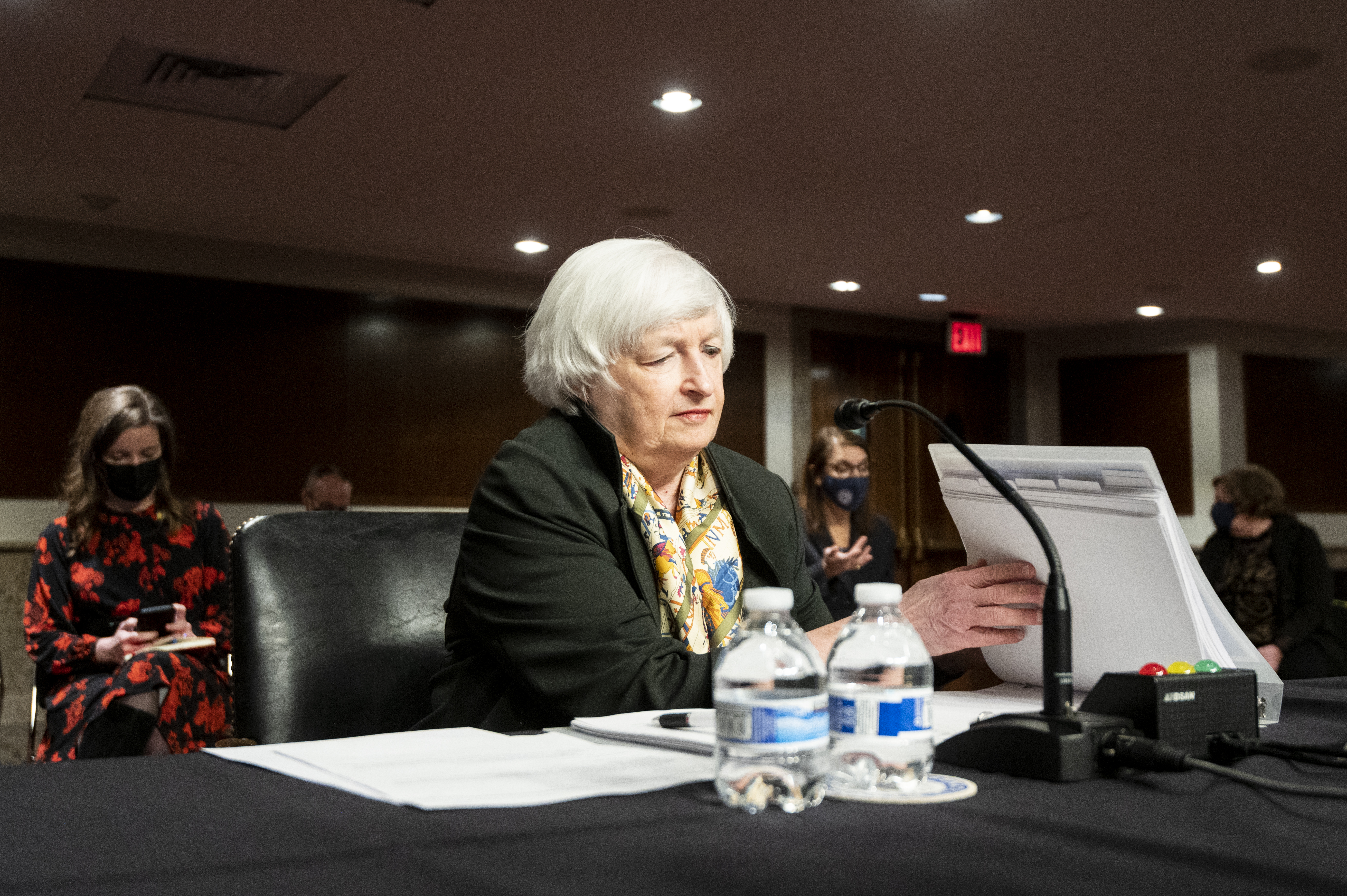 Treasury Secretary Janet Yellen sits at the witness table before the start of the Senate Banking Committee hearing on the CARES Act Oversight of Treasury and the Federal Reserve: Building a Resilient Economy on Tuesday, Nov. 30, 2021.