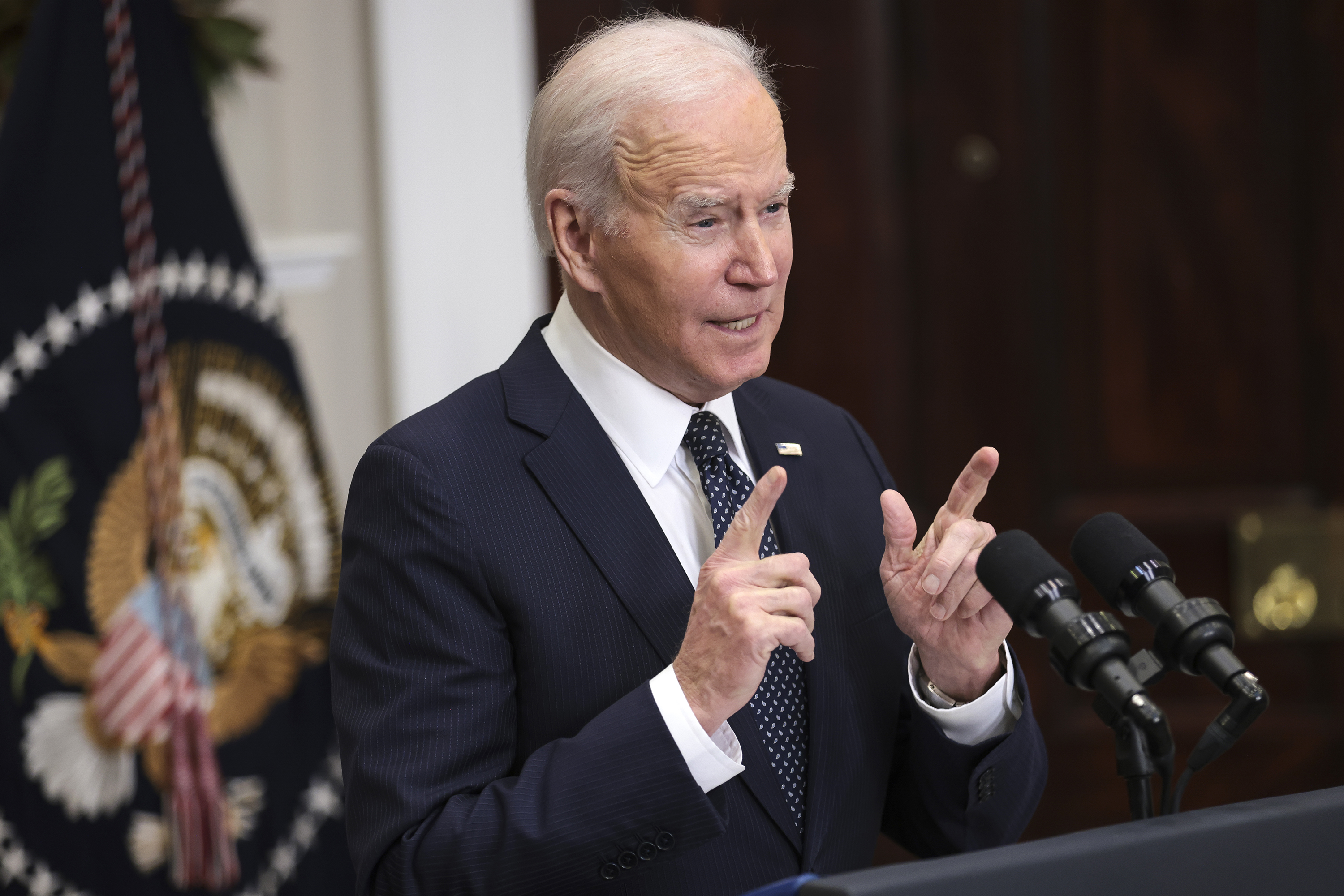 US President Joe Biden speaks during press conference at the White House on February 18, in Washington, DC. 