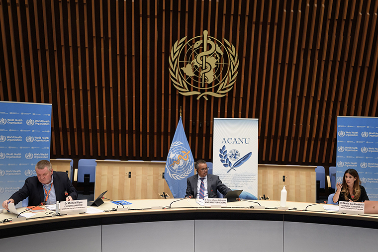 World Health Organization (WHO) Health Emergencies Programme head Michael Ryan, WHO Director-General Tedros Adhanom Ghebreyesus and WHO Technical lead head Covid-19 Maria Van Kerkhove attend a press conference organized on July 3, at the WHO headquarters in Geneva. 