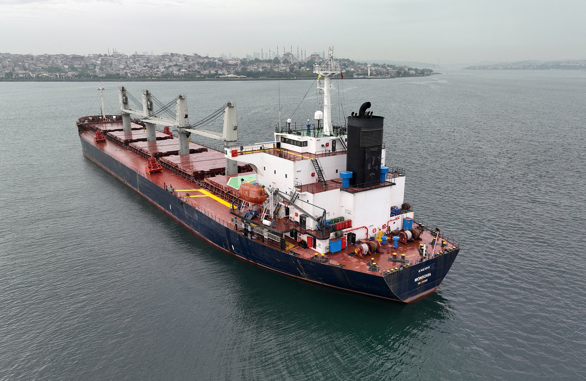 Liberia-flagged bulker Eneida, carrying grain under UN's Black Sea grain initiative, waits for inspection in the southern anchorage of Istanbul, Turkey on May 17, 2023.