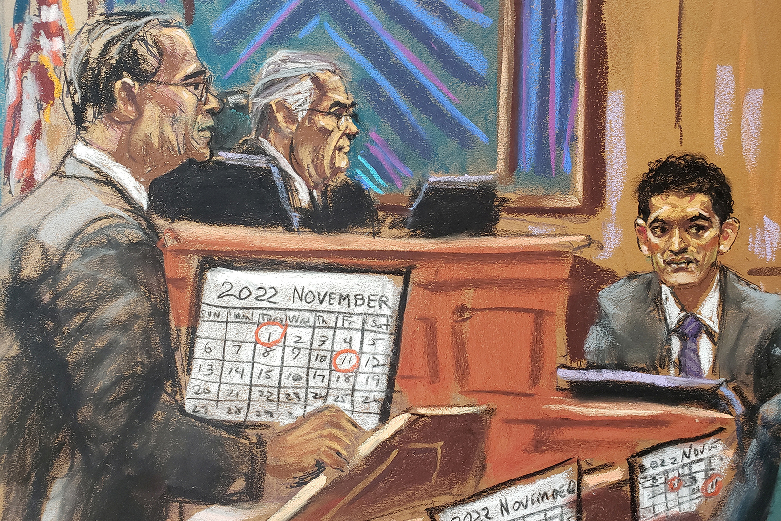 FTX founder Sam Bankman-Fried is questioned by defense lawyer Mark Cohen as he testifies in his fraud trial over the collapse of the bankrupt cryptocurrency exchange, before U.S. District Judge Lewis Kaplan at federal court in New York City, on October 30.