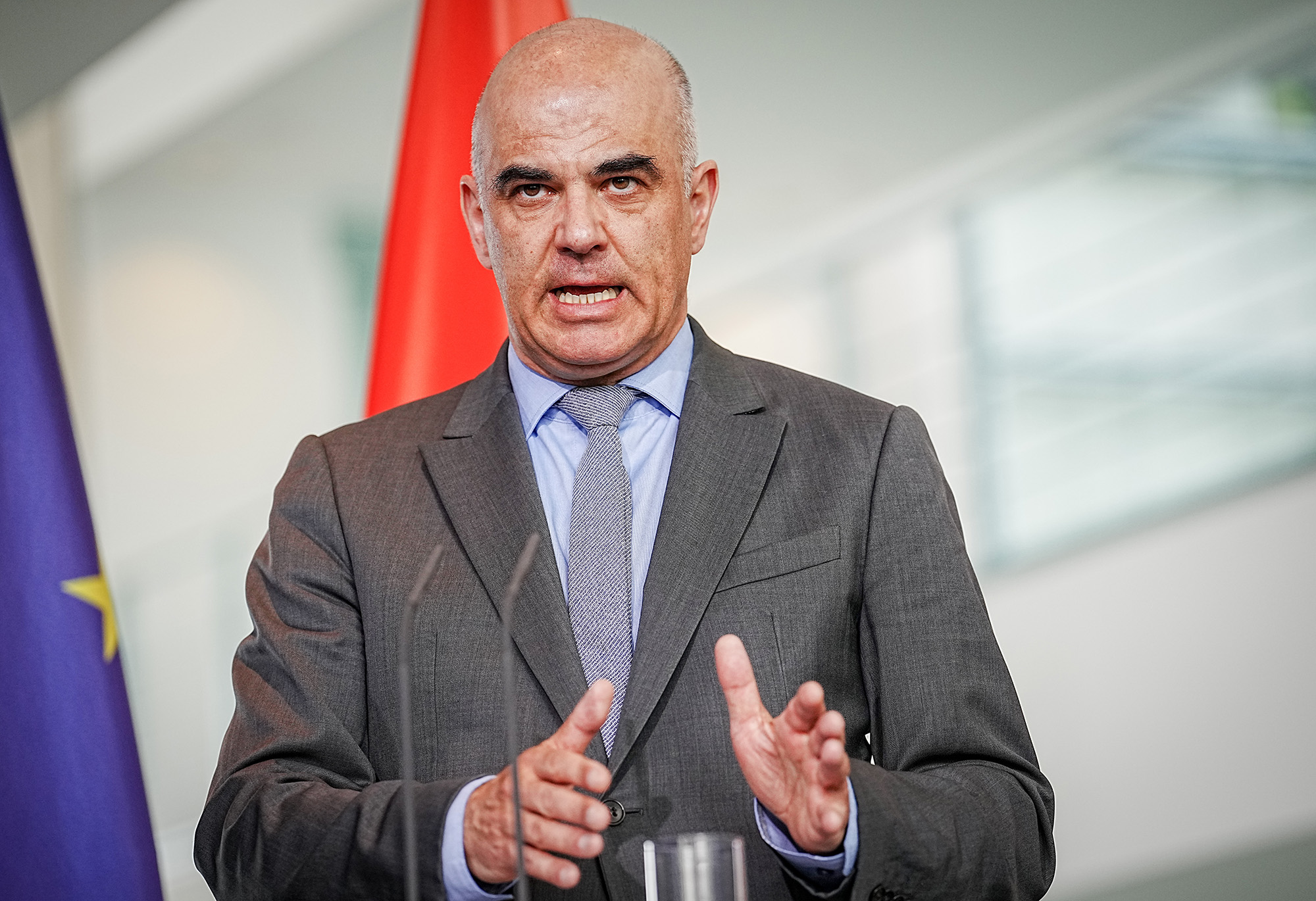Alain Berset, President of the Swiss Confederation, gives a press conference at the Federal Chancellery in Berlin, Germany, on April 18.