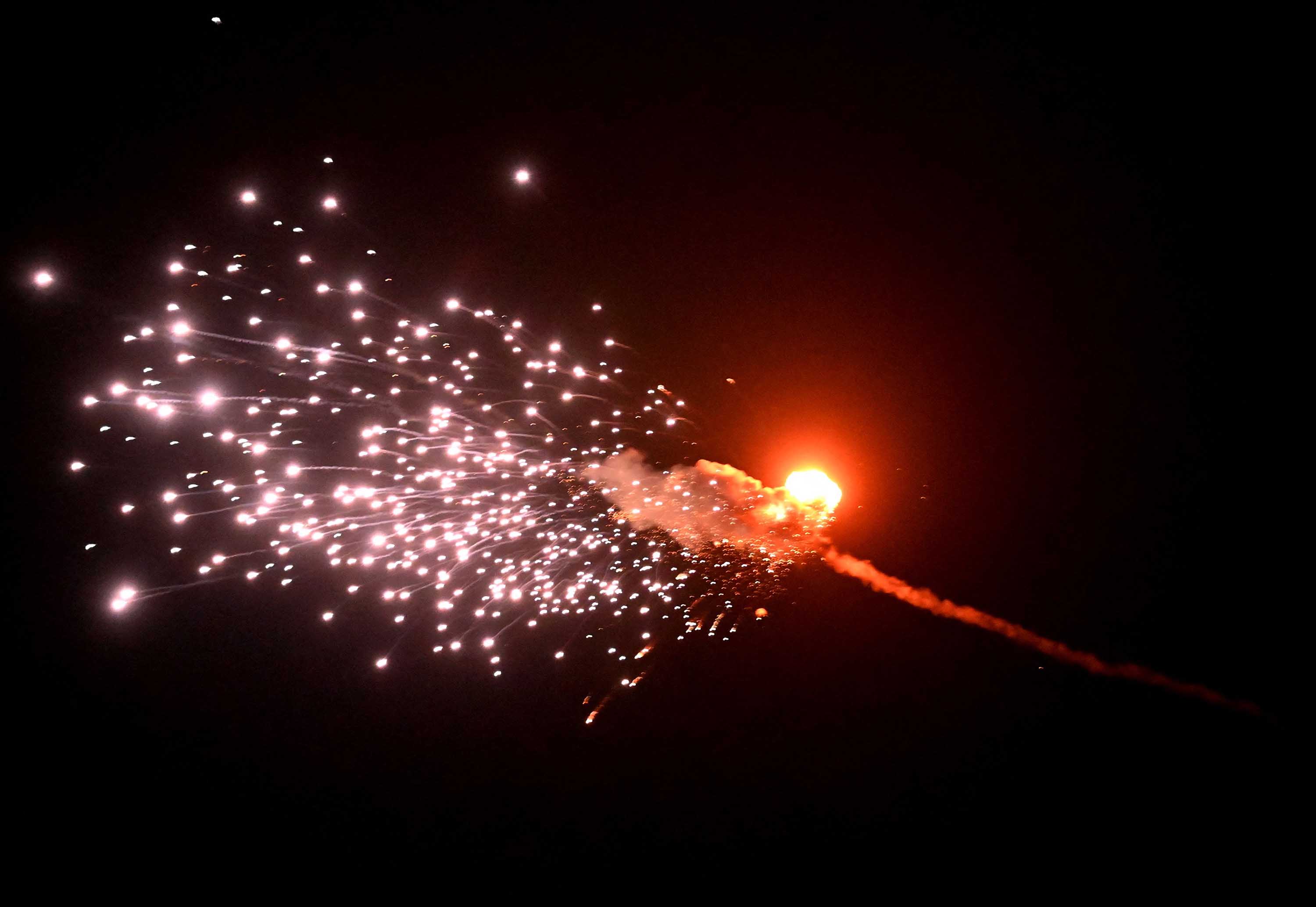 A drone explodes as it is shot down, during a Russian drone strike targeting the Ukrainian capital, Kyiv, on May 28. 