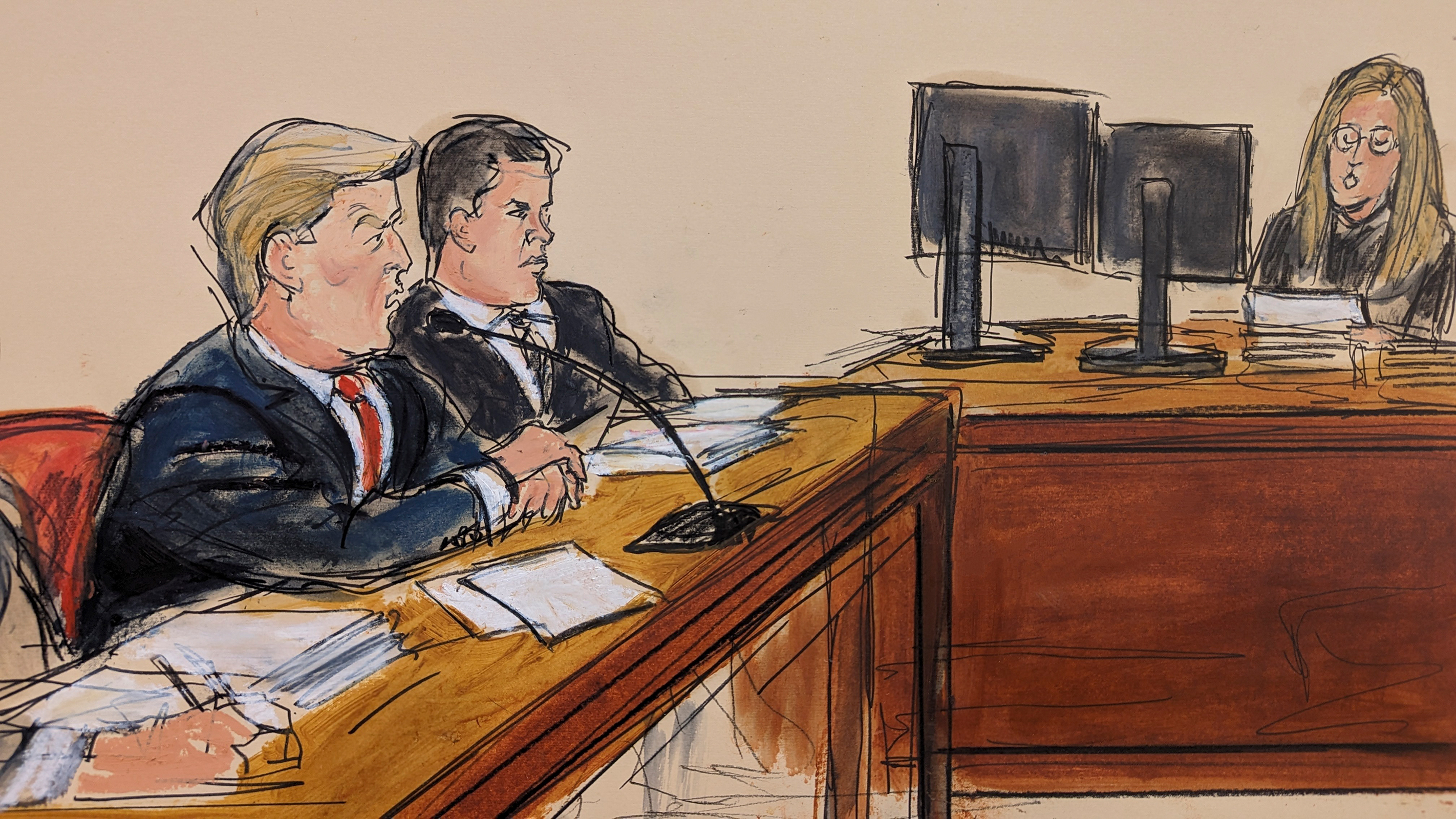Former President Donald Trump, far left, pleads not guilty as the Clerk of the Court reads the charges and asks him "How do you plea?" Tuesday, April 4, 2023, in a Manhattan courtroom in New York. Defense attorney Joseph Tacopina, center, looked on.