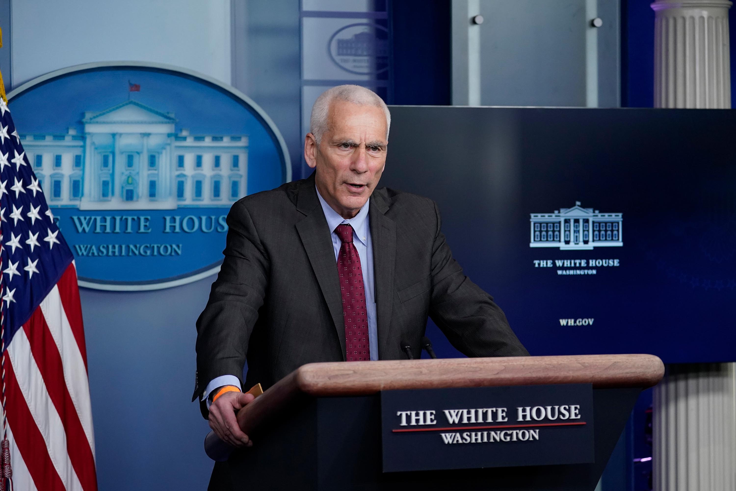 Council of Economic Advisers Member Jared Bernstein speaks with reporters at the White House, February 2021, in Washington, DC.