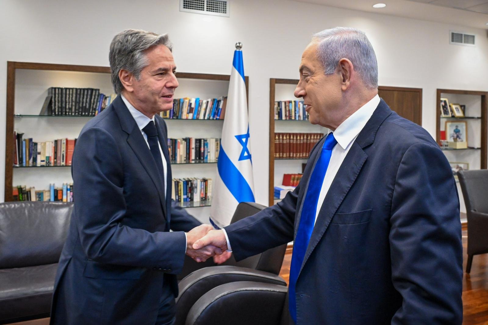 Israeli Prime Minister Benjamin Netanyahu, right, meeting with US Secretary of State Anthony Blinken, in his office in the Kirya military base in Tel Aviv, Israel, on January 9.