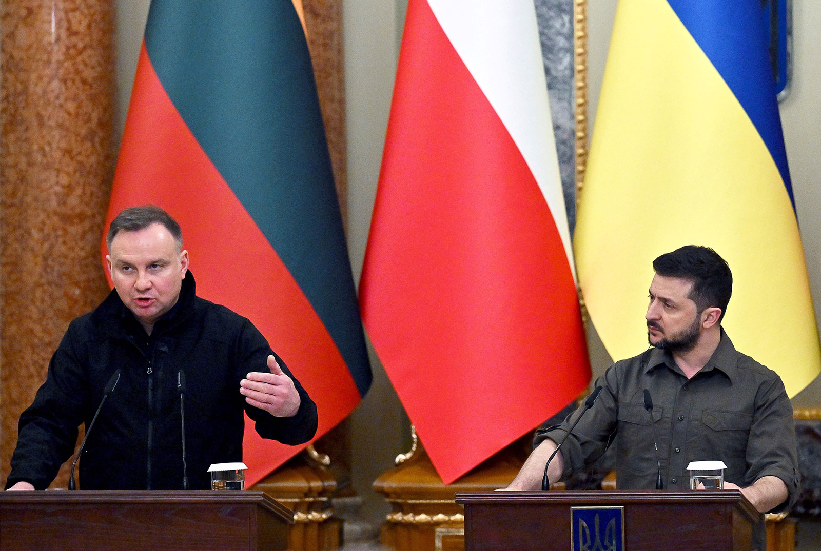 Polish President Andrzej Duda speaks during a press conference with Ukrainian President Volodymyr Zelensky along with the presidents of Lithuania, Latvia and Estonia following their talks in Kyiv on Wednesday, April 13. 