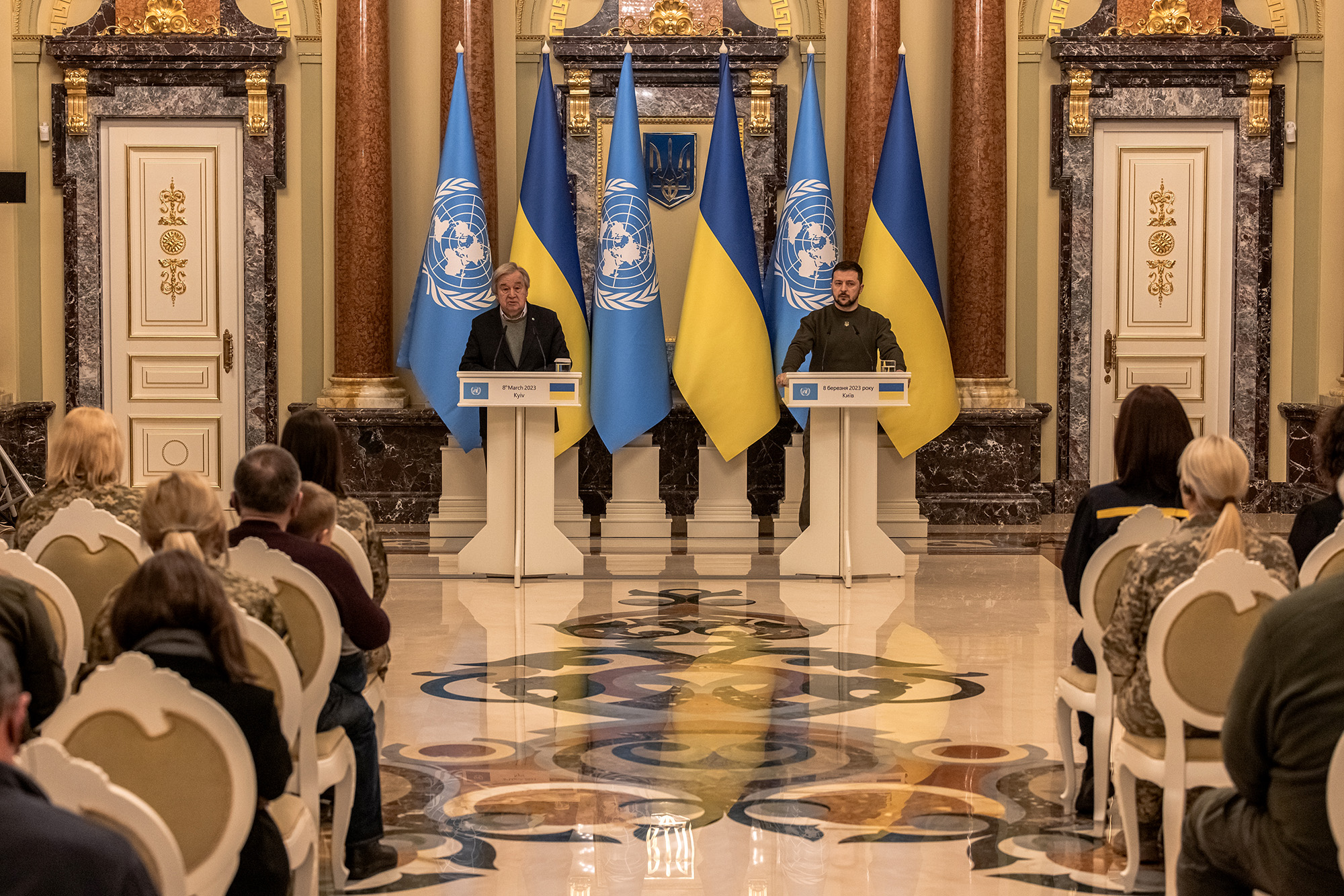 Ukrainian President Volodymyr Zelensky, right, and Secretary-General of the United Nations Antonio Guterres attend the joint press conference following their meeting on March 8, in Kyiv, Ukraine. 