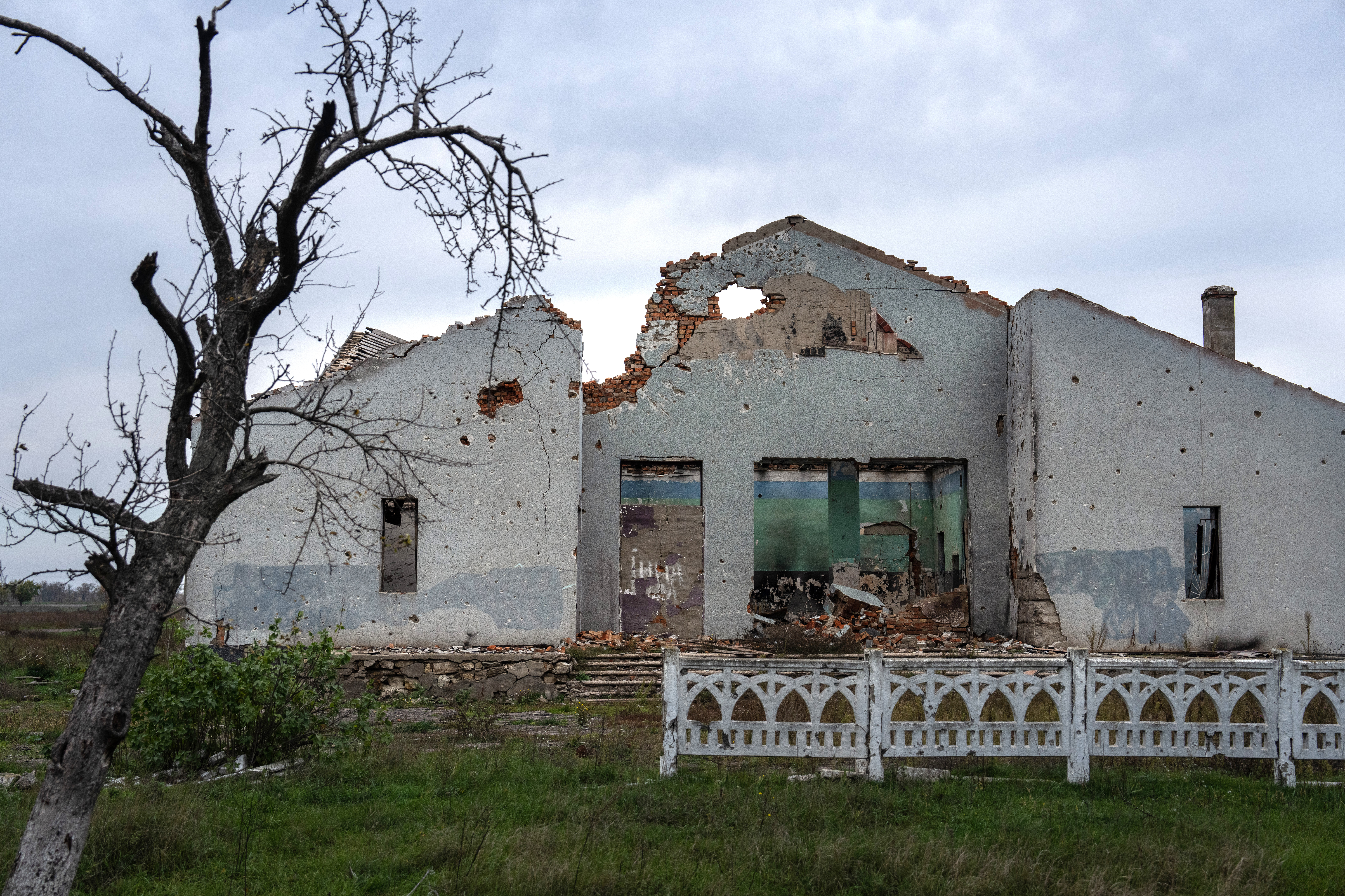 A village hall lies in ruins after being destroyed during fighting between Ukrainian and Russian occupying forces, on October 30, in Kherson, Ukraine.