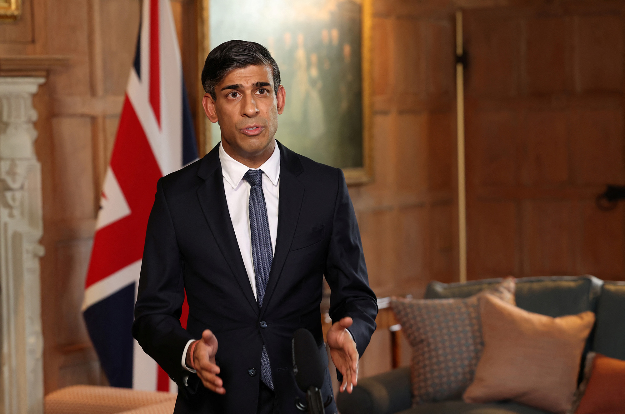 Britain’s Prime Minister Rishi Sunak records a video message about the situation in Israel at Chequers, near Aylesbury, Britain, on October 8.
