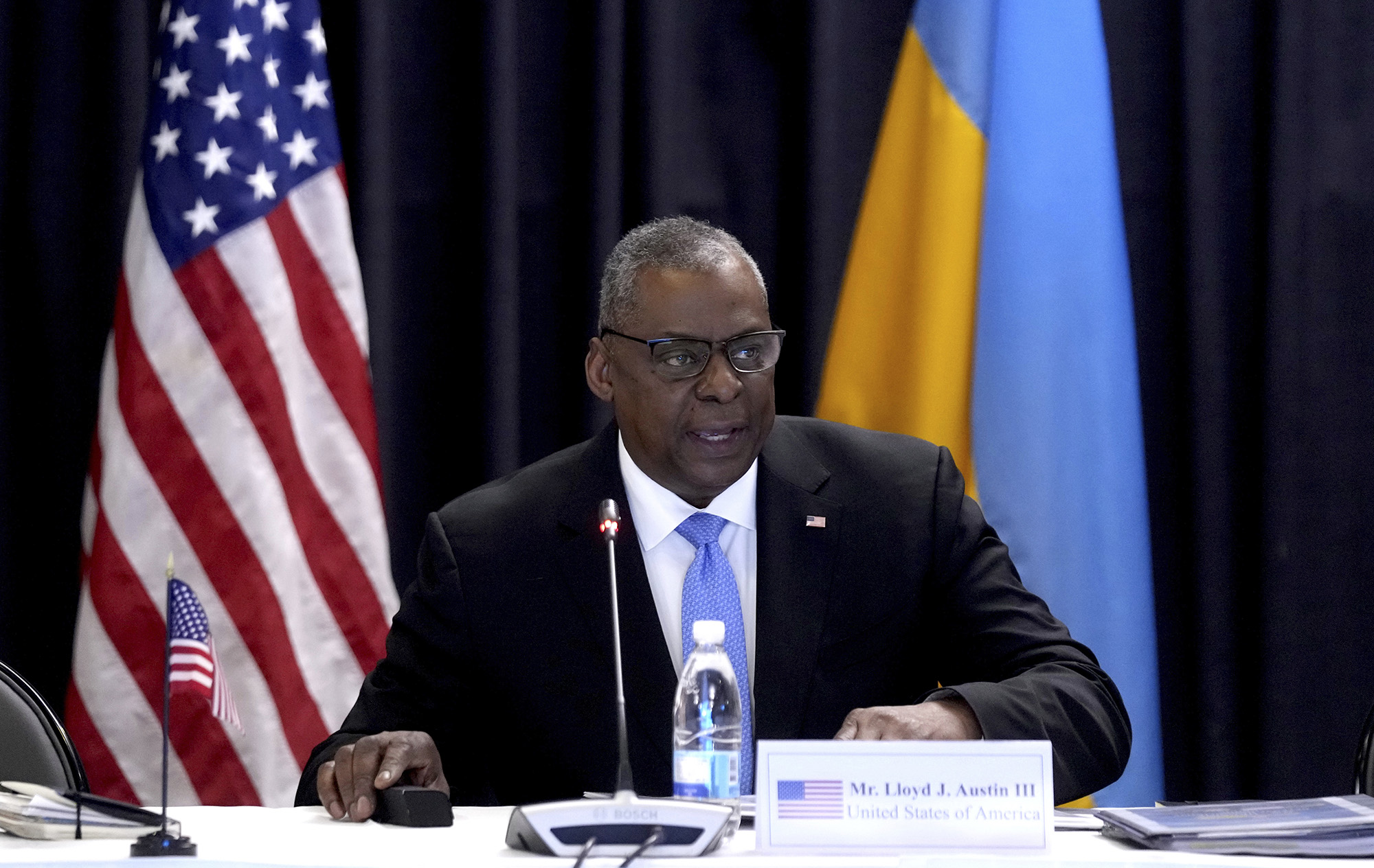 U.S. Secretary of Defense, Lloyd Austin, delivers a speech as he hosts the meeting of the Ukraine Security Consultative Group at Ramstein Air Base in Ramstein, Germany, on April 26.