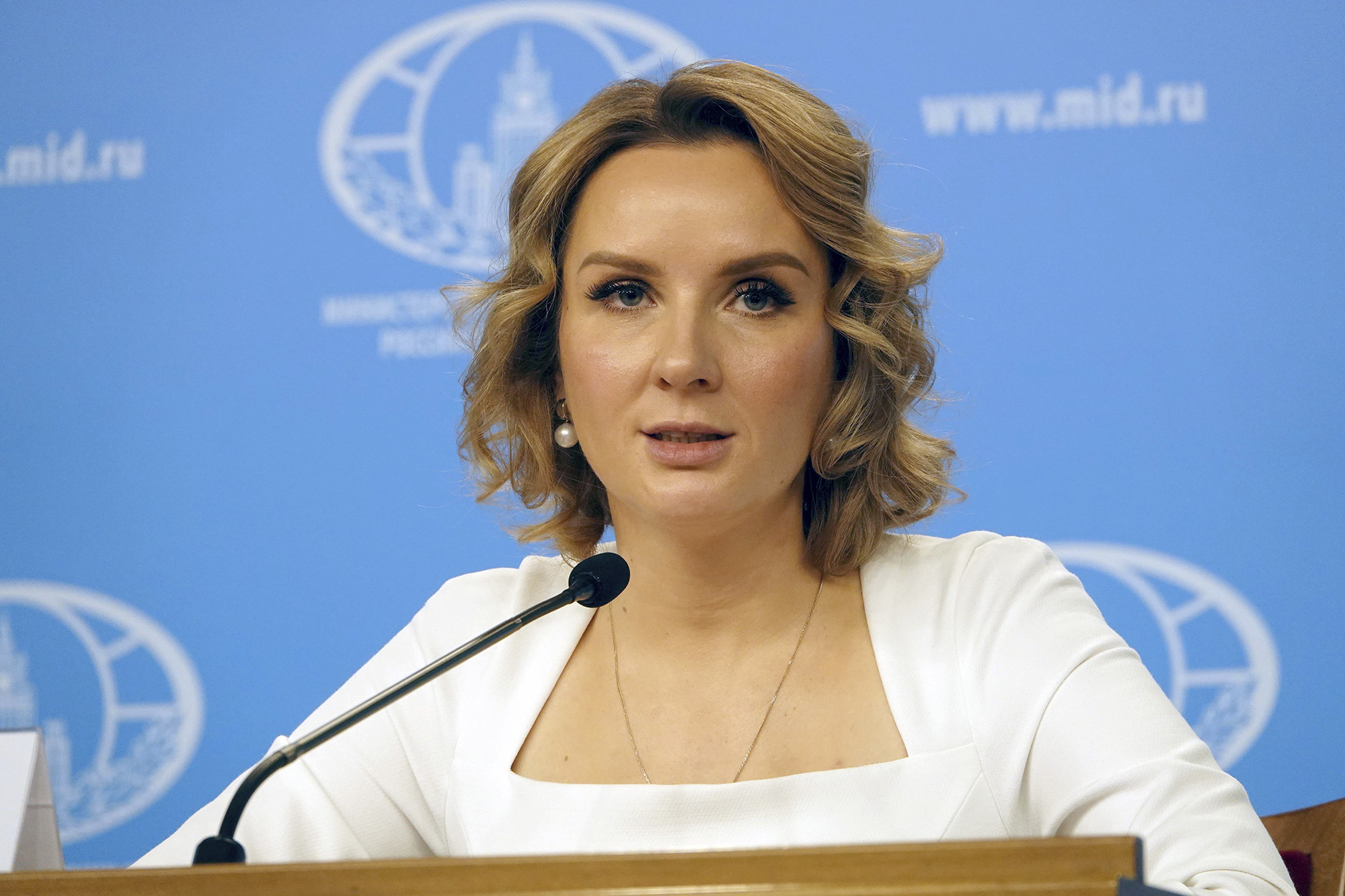 Russian Children's Representative Maria Lvova-Belova holds a press conference at the Foreign Ministry following accusations by Ukraine that the Russian leadership is deporting children, in Moscow, Russia, on April 4.