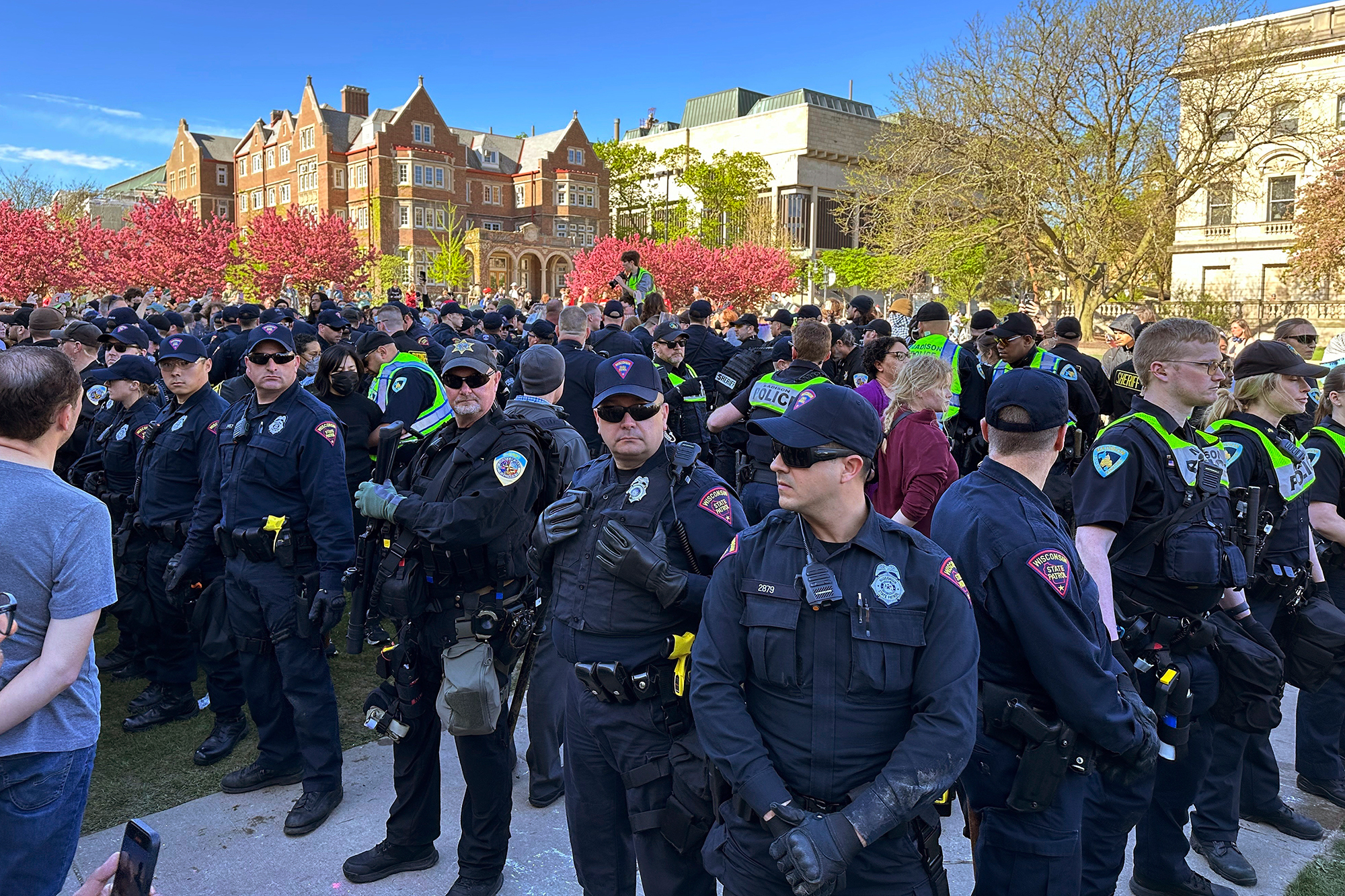 Law enforcement officers respond to the University of Wisconsin, Madison campus on May 1. 