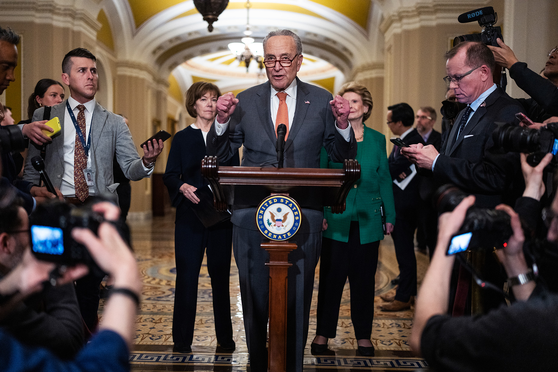 Senate Majority Leader Charles Schumer conducts a news conference at the US Capitol on March 6. 