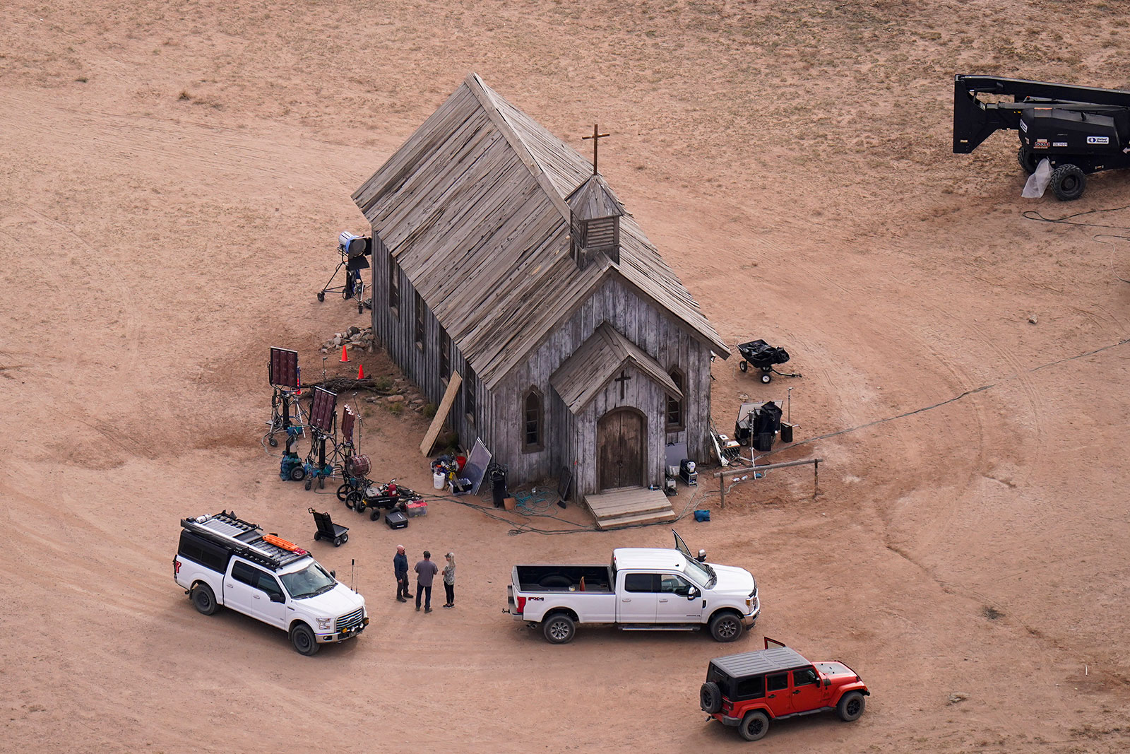 This aerial photo shows part of the Bonanza Creek Ranch film set in Santa Fe, New Mexico, on October 23, 2021.
