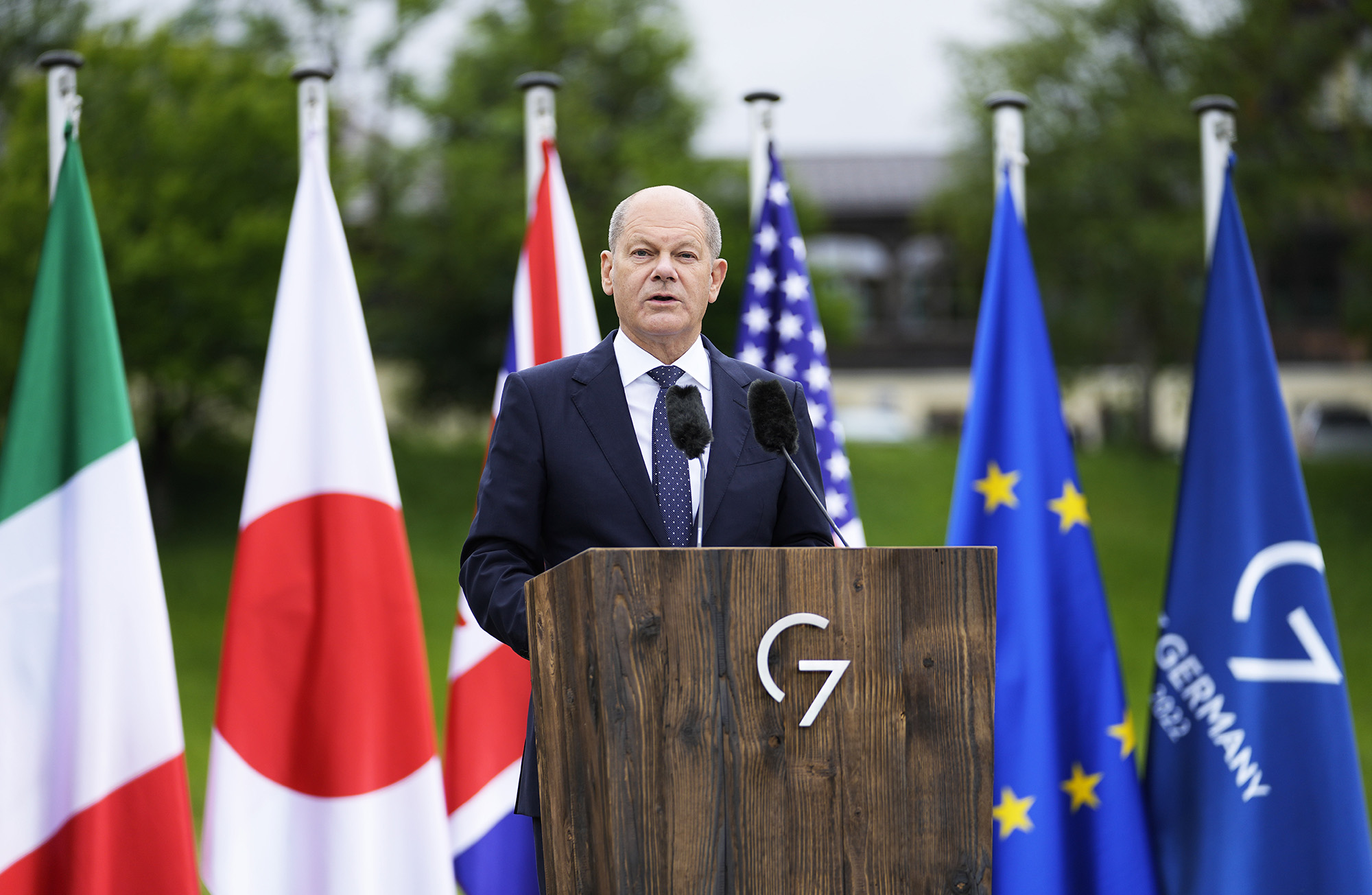 German Chancellor Olaf Scholz speaks during a media conference at the G7 venue, Castle Elmau, in Kruen, Germany, on June 28.