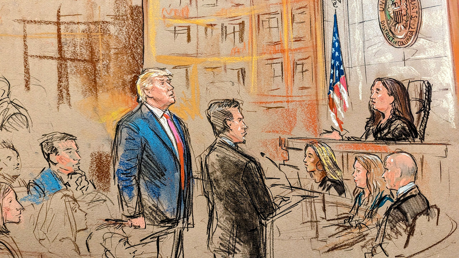 A courtroom sketch captures the moment when Trump pleaded “not guilty.”