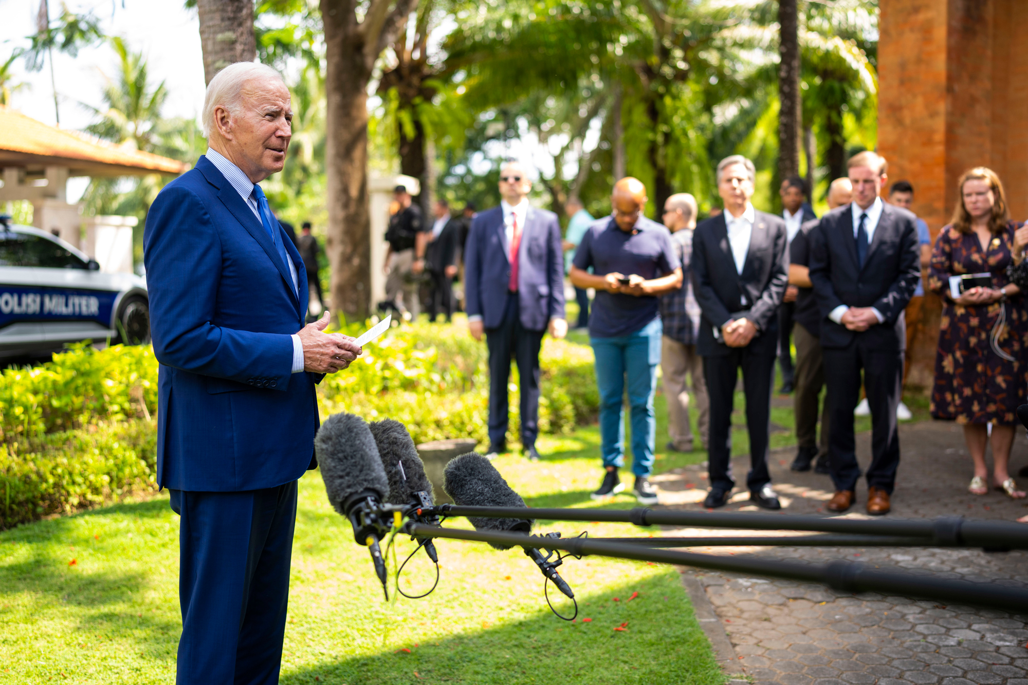President Joe Biden talks talks to reporters after a meeting of G7 and NATO leaders in Bali, Indonesia, on Wednesday.