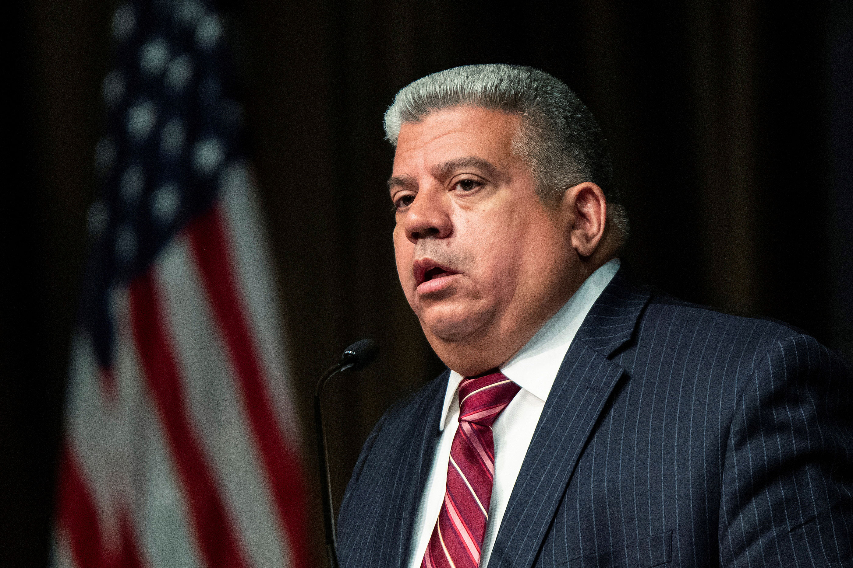 Brooklyn District Attorney Eric Gonzalez speaks during the National Action Network National Convention in New York on April 7.