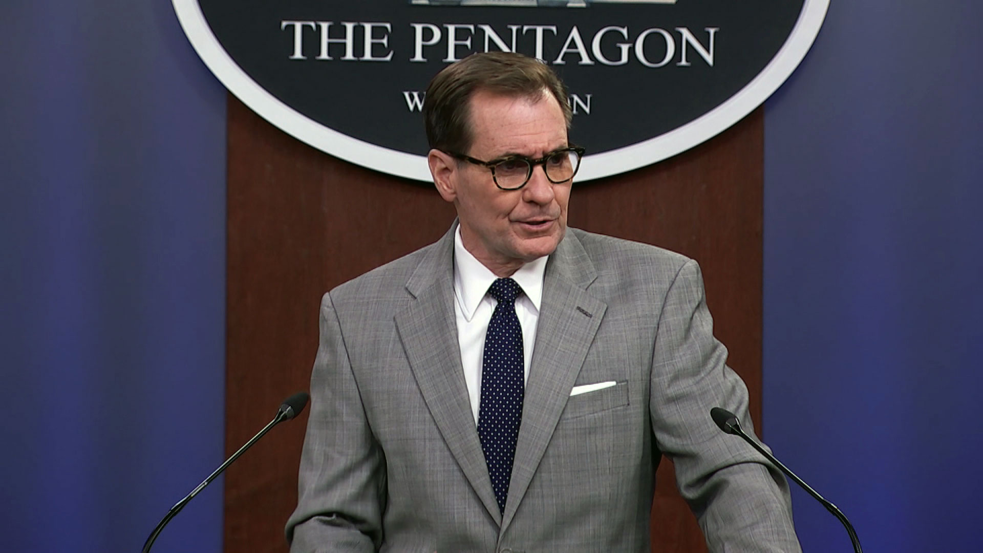 Pentagon press secretary John Kirby talks to reporters on Monday.