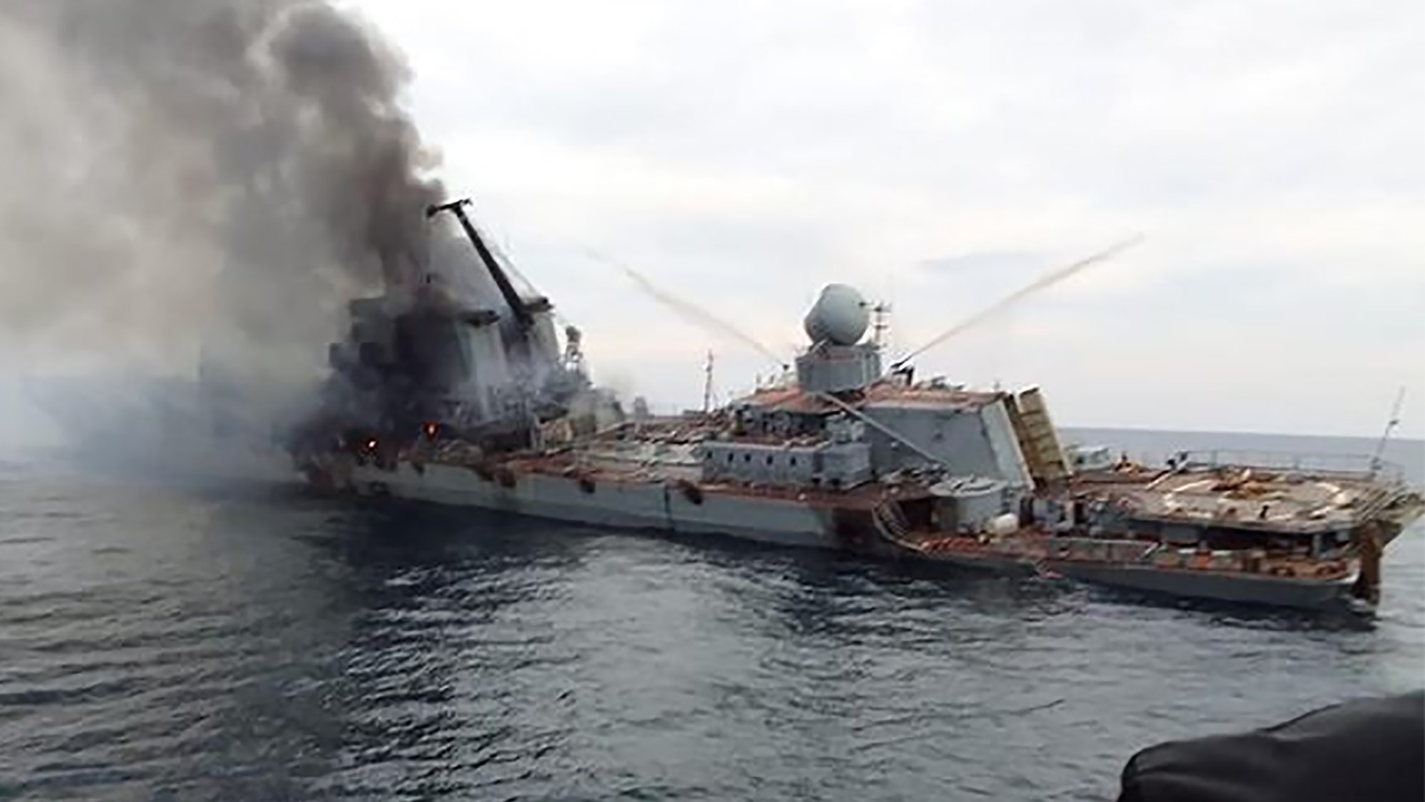 Images emerged early Monday, April 18 2022, on social media showing Russia's guided-missile cruiser, the Moskva, badly damaged and on fire in the hours before the ship sunk in the Black Sea on Thursday.