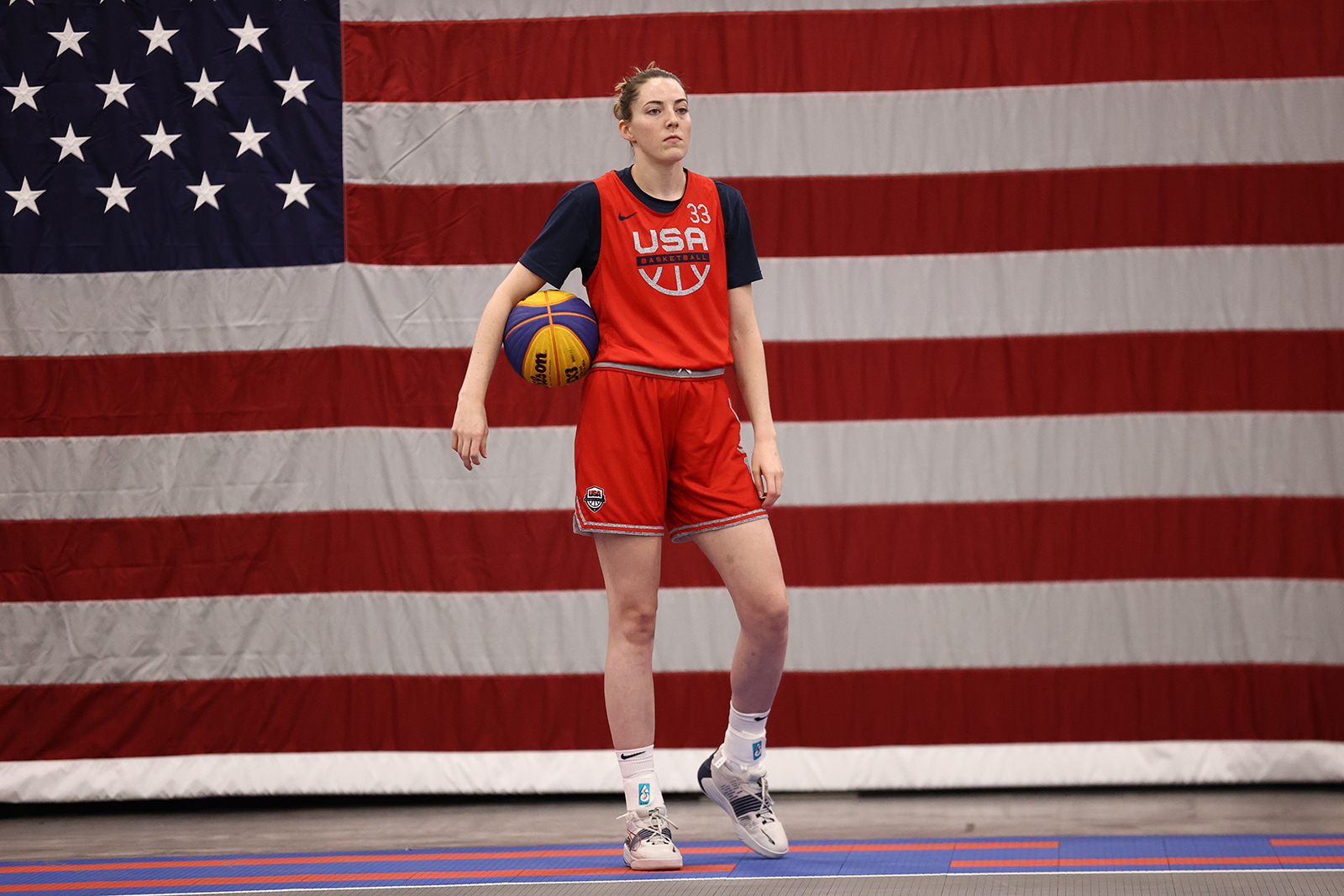 Katie Lou Samuelson #33 of the USA Women's National 3x3 Team looks on during USAB Womens 3x3 National Team practice at the Mandalay Bay Convention Center on July 17,  in Las Vegas, Nevada. 