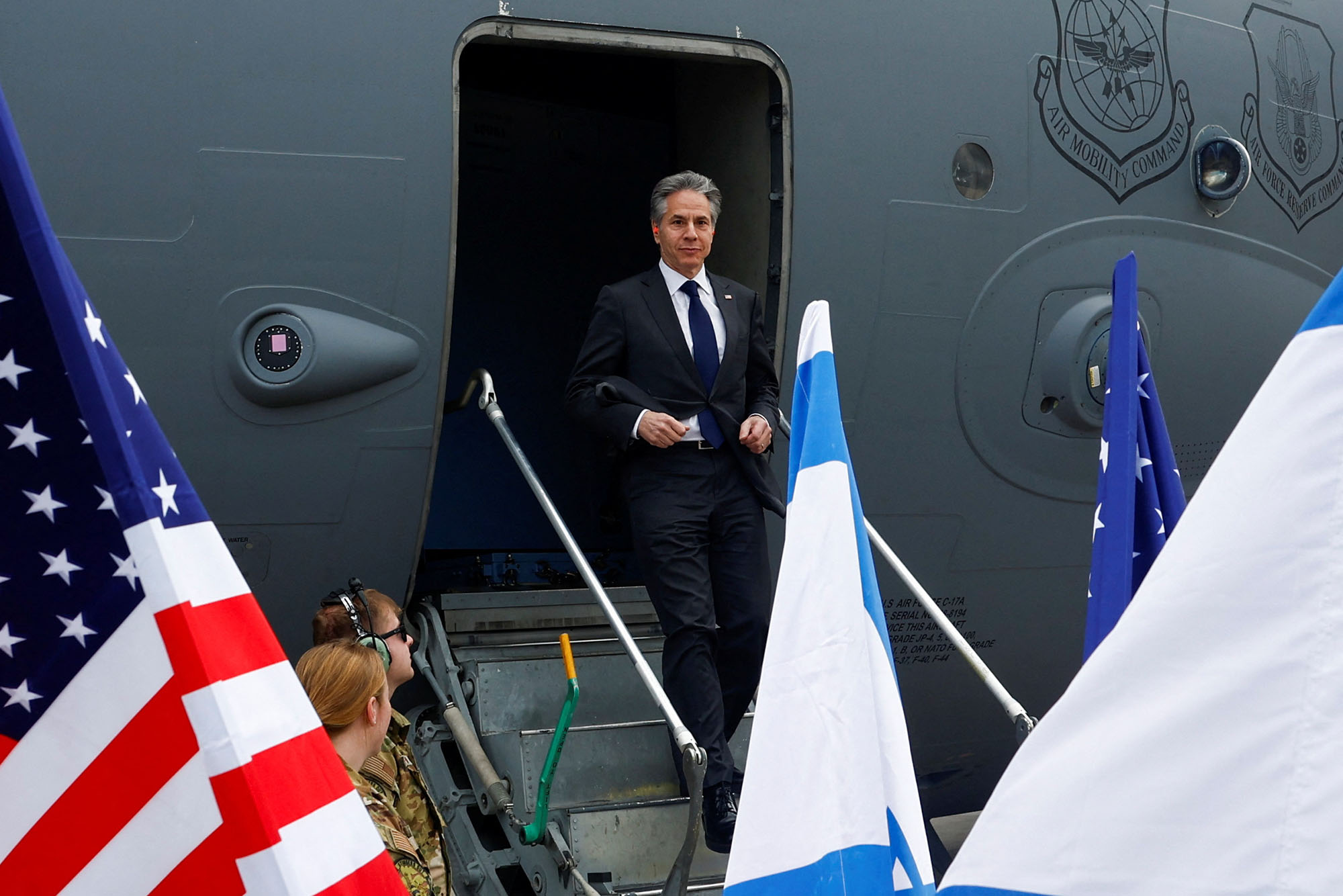 US Secretary of State Antony Blinken disembarks from an aircraft as he arrives in Tel Aviv, Israel, on March 22.