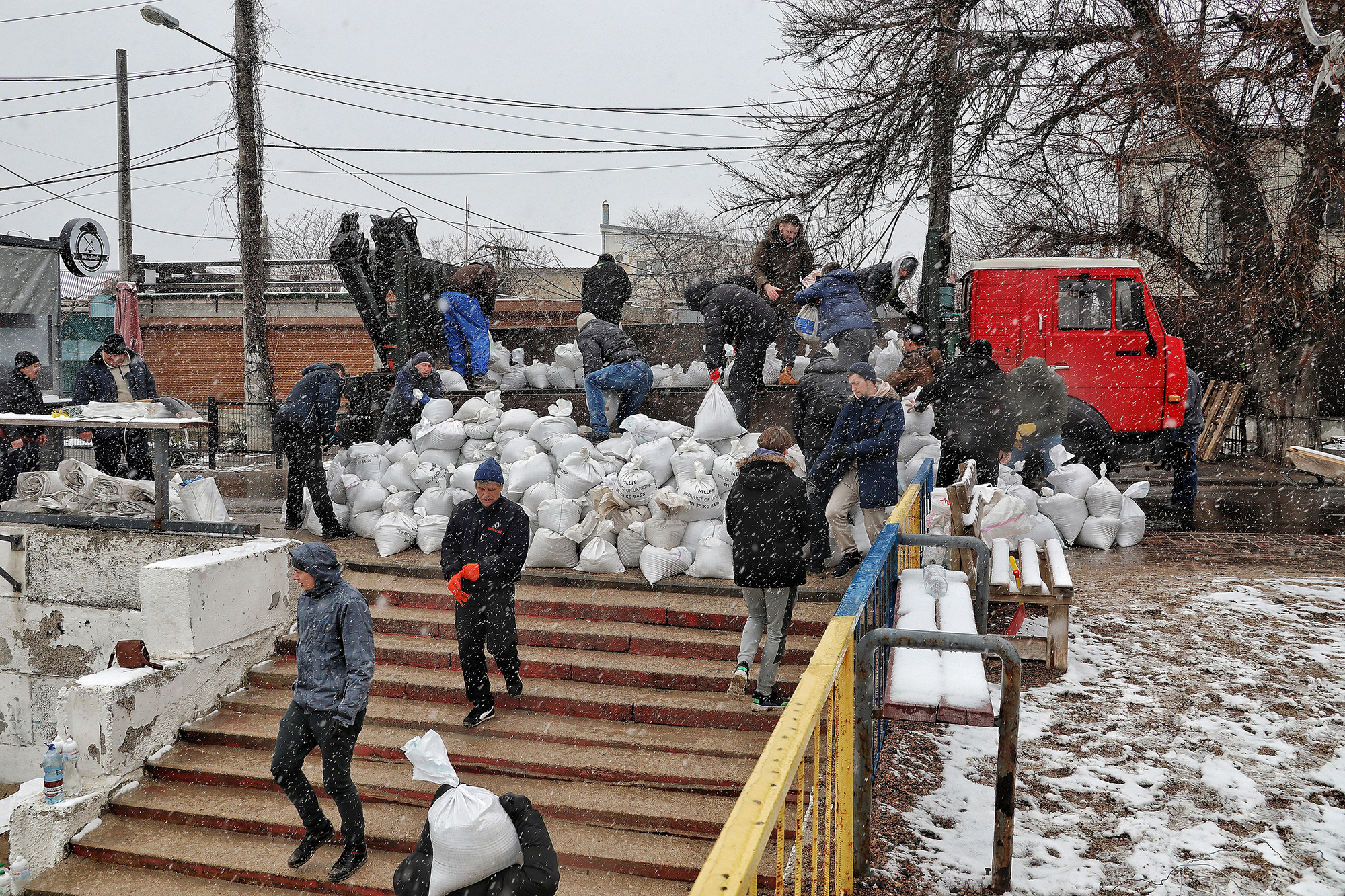 Local residents load sand bags onto the truck to defend the city, Odessa, Ukraine, on March 1.