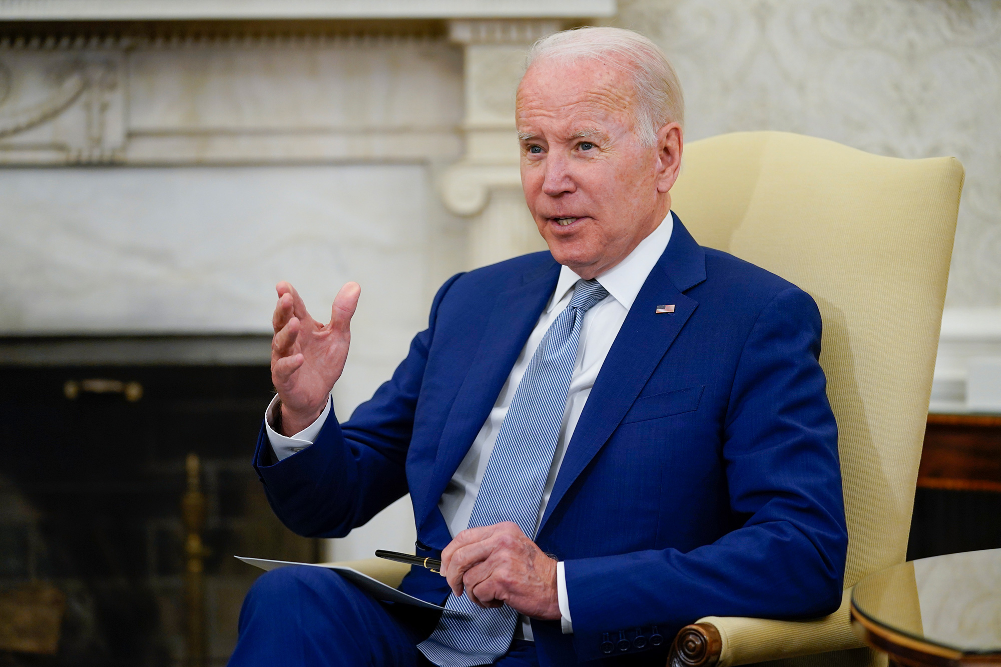 President Joe Biden speaks in the Oval Office of the White House on Tuesday, May 31.