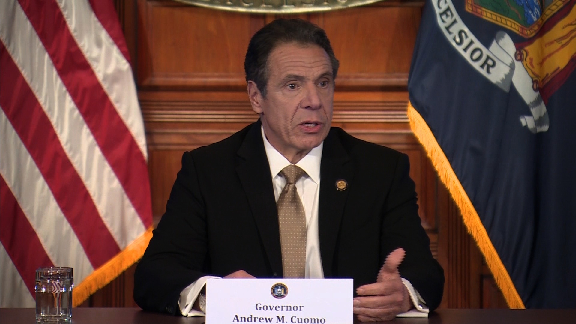 New York Governor Andrew Cuomo speaks during a press conference at the State Capitol in Albany, New York, on April 22