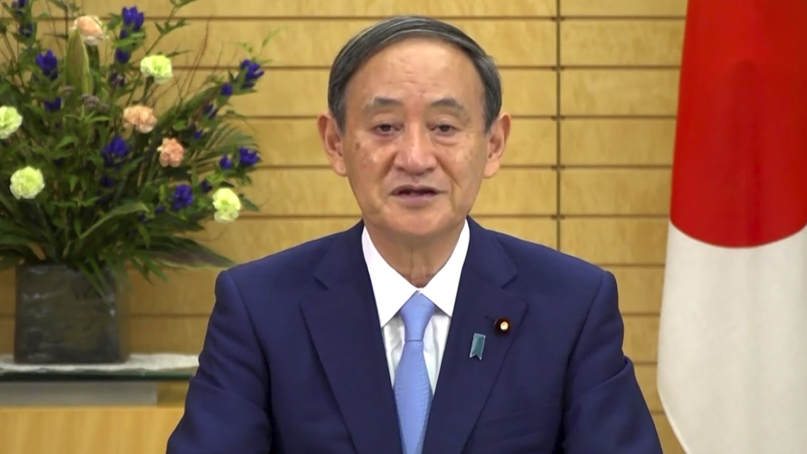 In this photo made from UNTV video, Suga Yoshihide, Prime Minister of Japan, speaks in a pre-recorded message which was played during the 75th session of the United Nations General Assembly on Friday, Sept. 25, 2020, at UN Headquarters.