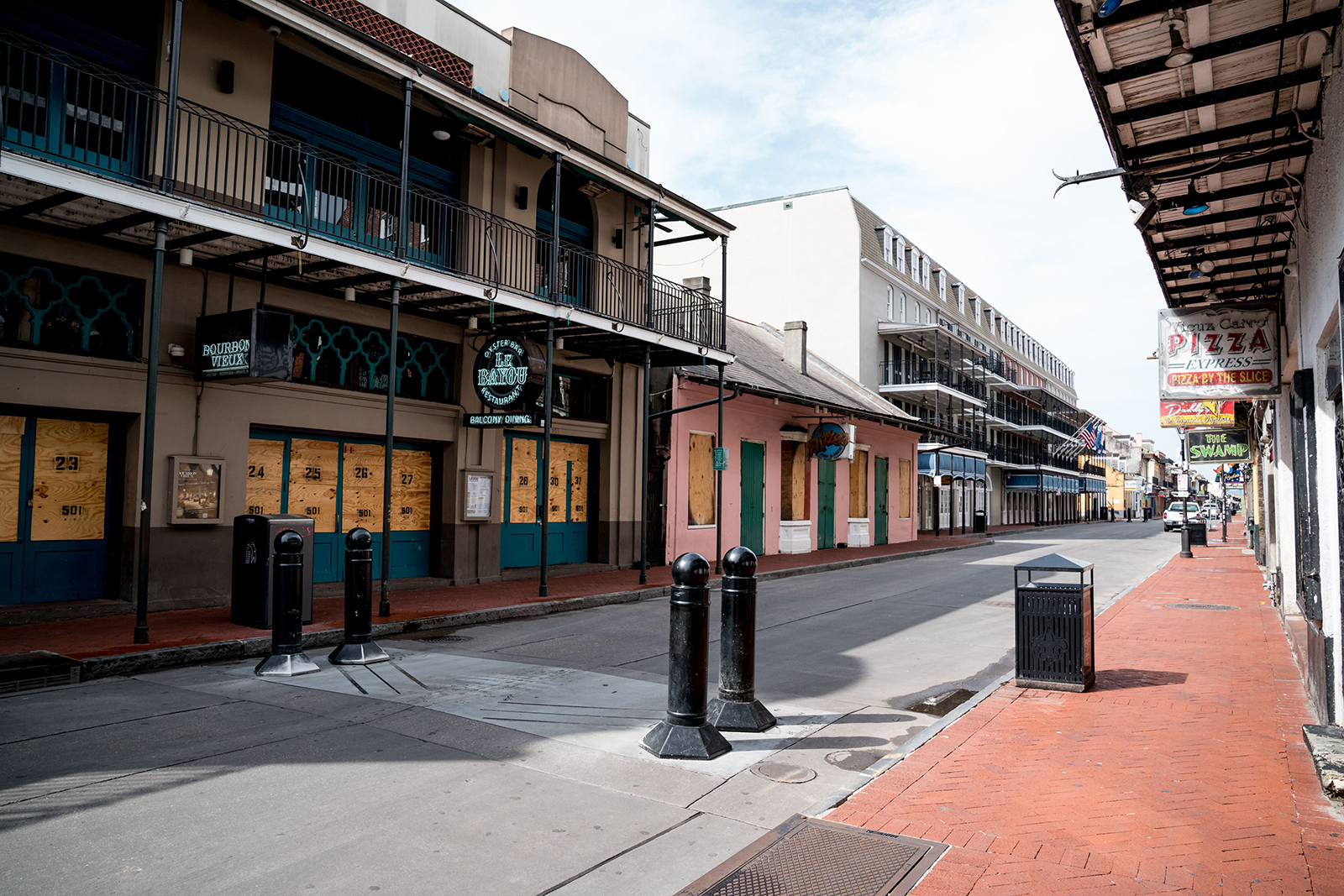 Typically filled with people, Bourbon Street is seen nearly empty in New Orleans, Louisiana on April 23.