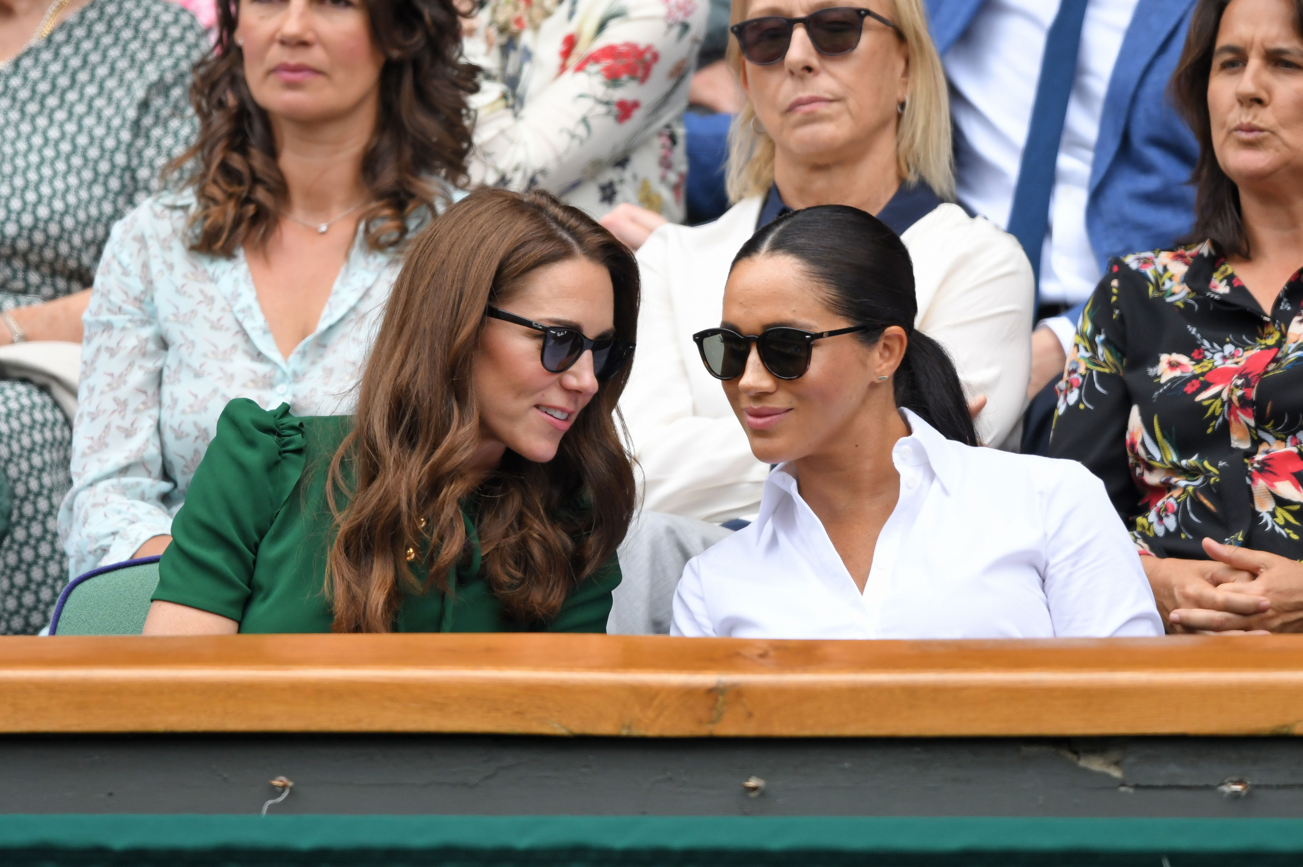 Catherine, Duchess of Cambridge, and Meghan, Duchess of Sussex, attend Wimbledon in London on July 13, 2019.