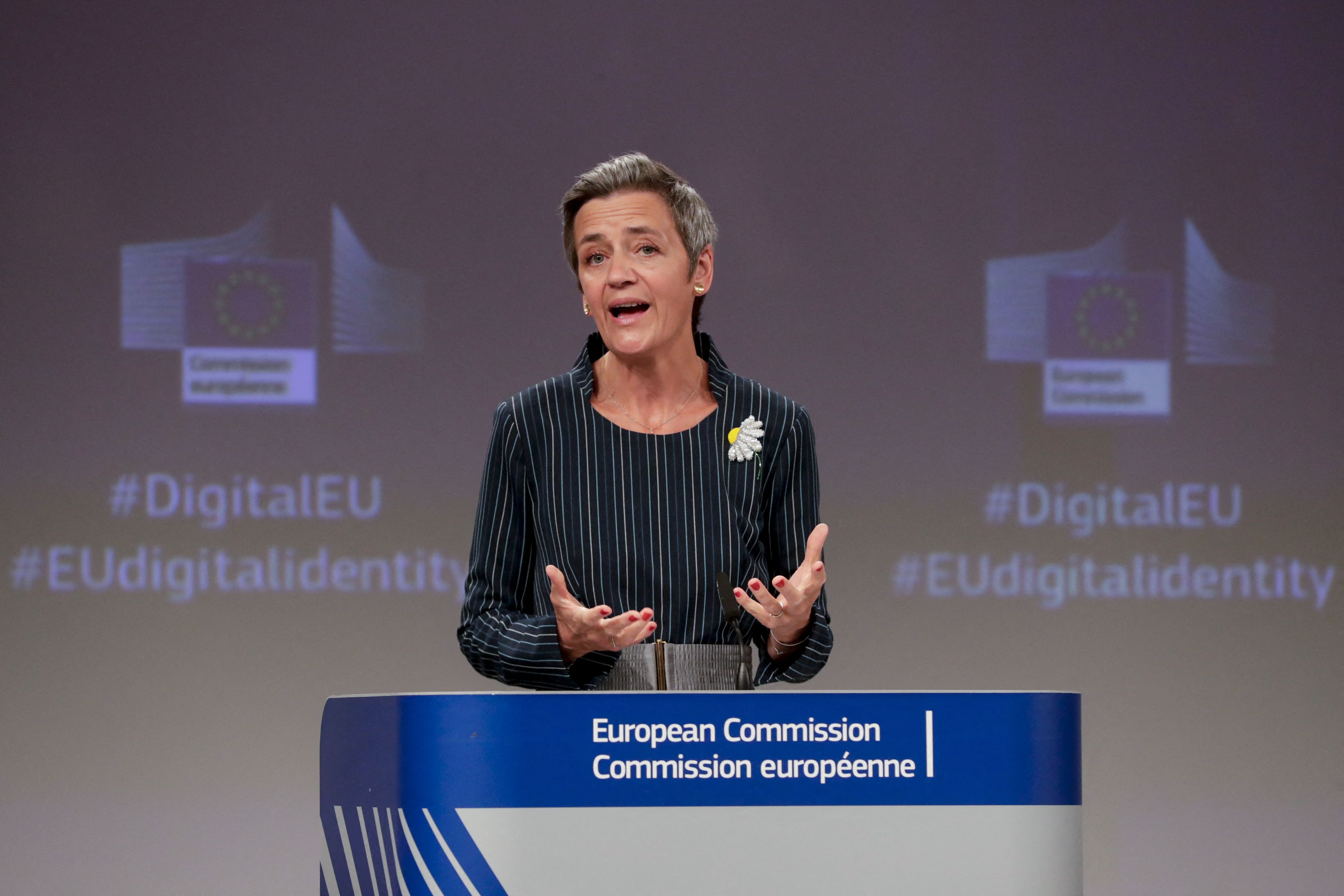 European Commission vice-president in charge Europe fit for the digital age Margrethe Vestager gives a press conference at the European Commission in Brussels, Belgium, on June 3, 2021. 