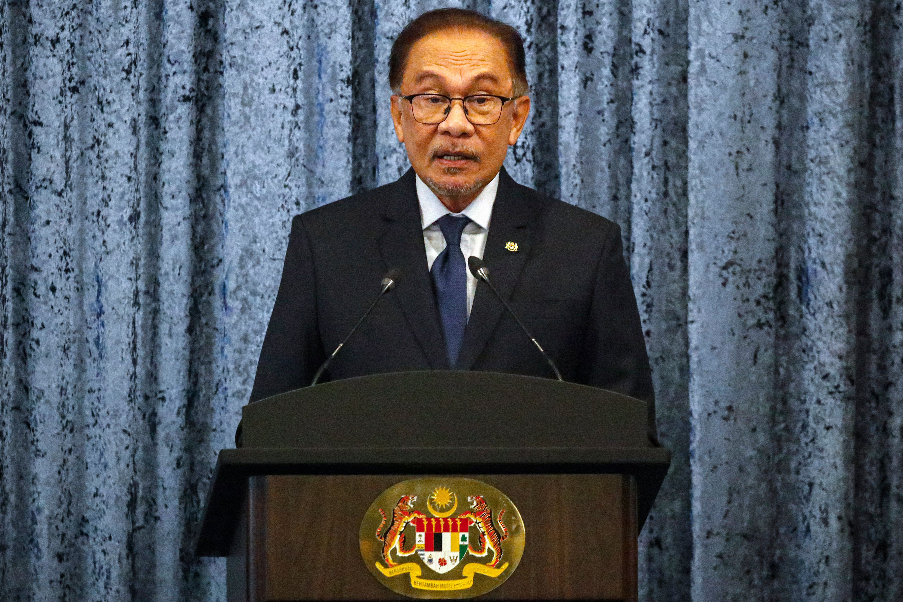 Malaysian Prime Minister Anwar Ibrahim speaks during a news conference in Putrajaya, Malaysia on November 5.