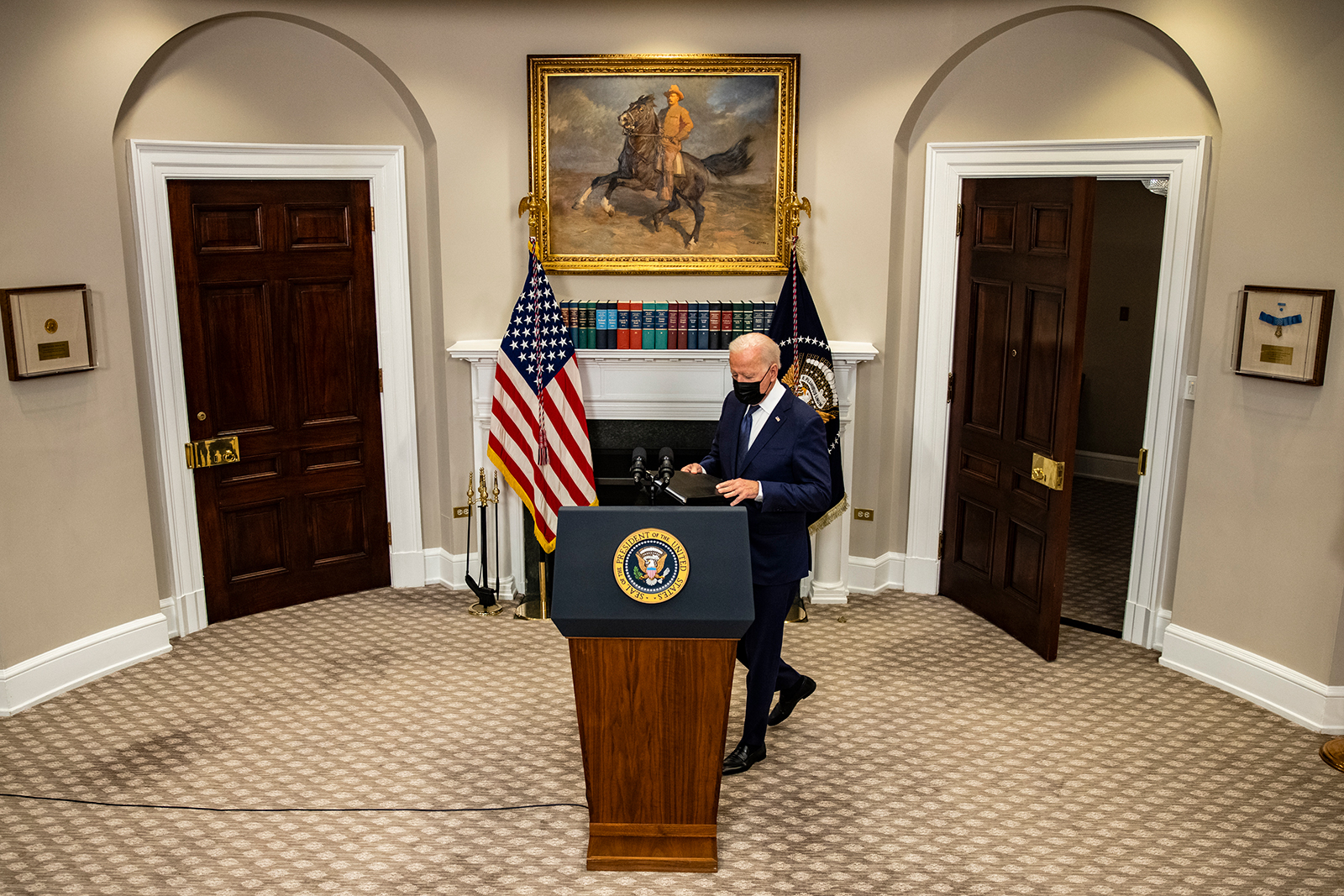 President Joe Biden speaks in the Roosevelt Room on the continuing situation in Afghanistan and the developments of Hurricane Henri at the White House on August 22 in Washington, DC. 