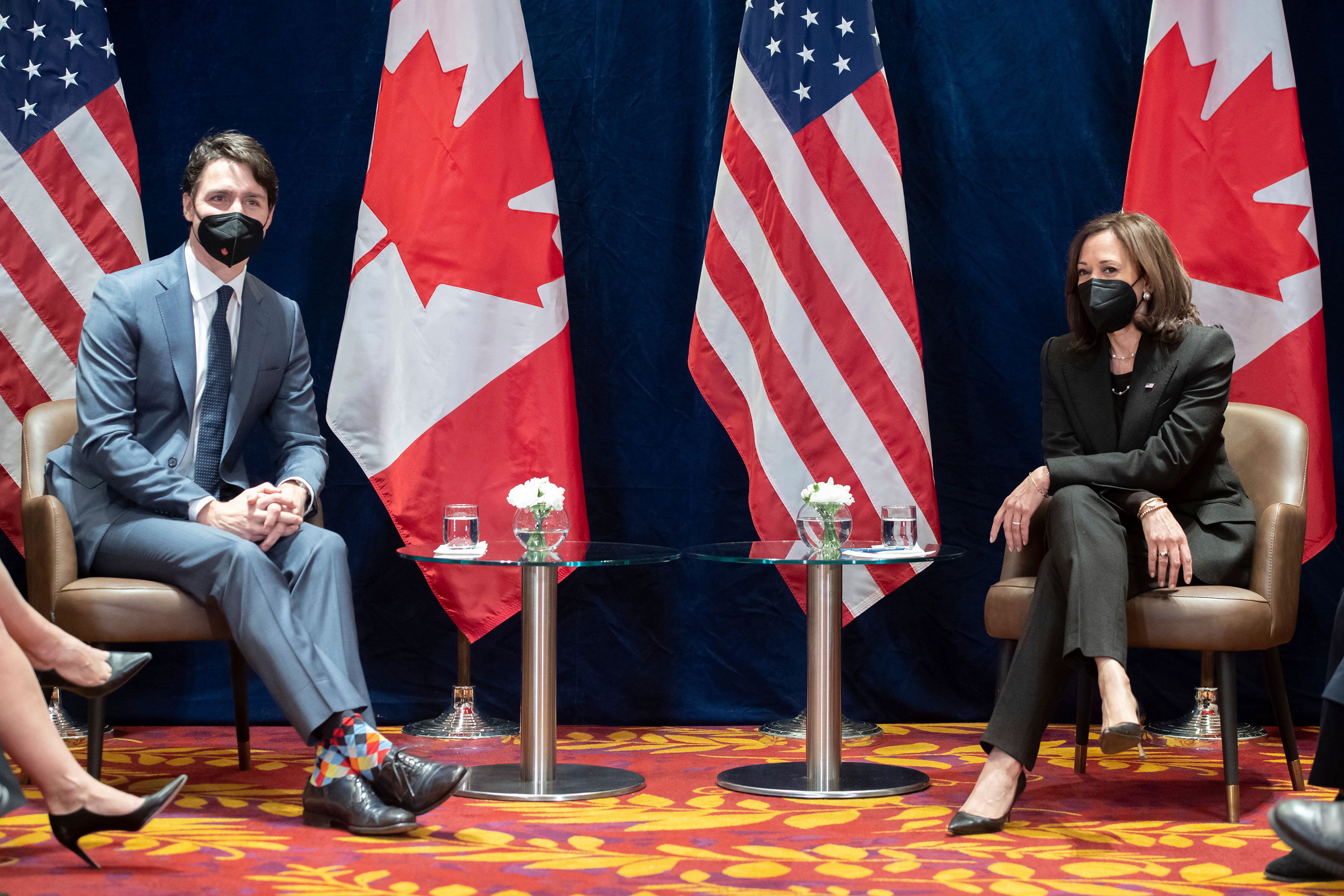 Canadian Prime Minister Justin Trudeau and US Vice President Kamala Harris hold a meeting in Warsaw, Poland, on Thursday.