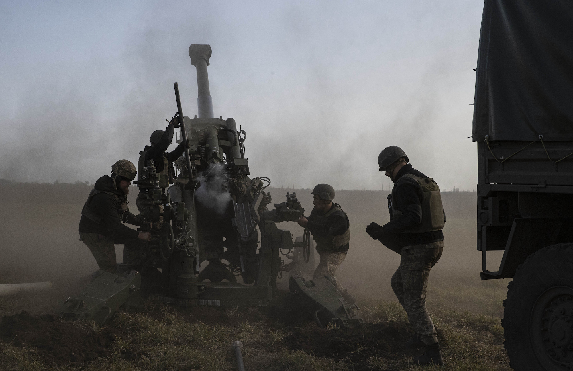 A Ukrainian artillery battery attached to the 59th Mechanized Brigade, fires towards Russian forces in Kherson Oblast on Saturday.