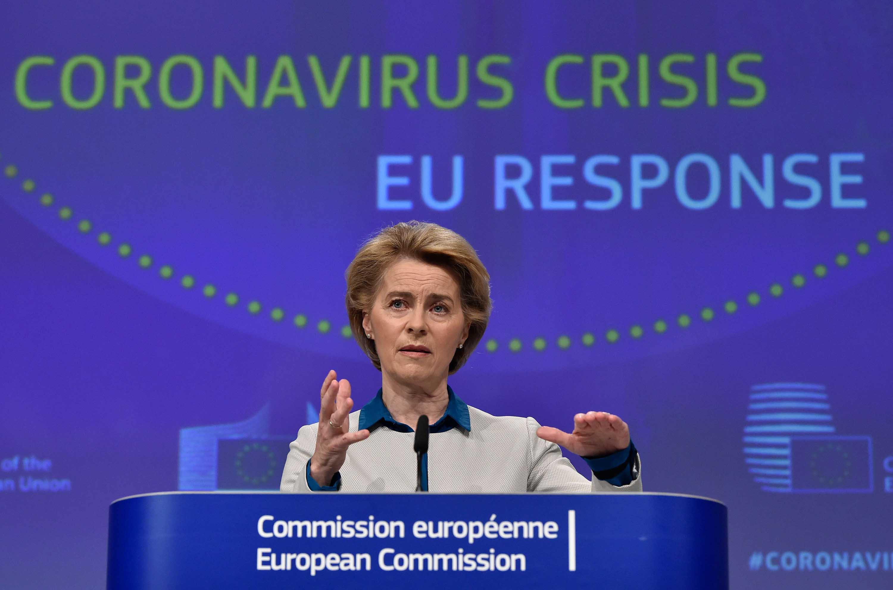The President of European Commission Ursula von der Leyen holds a press conference at the European Union headquarters in Brussels, Belgium, on April 15.