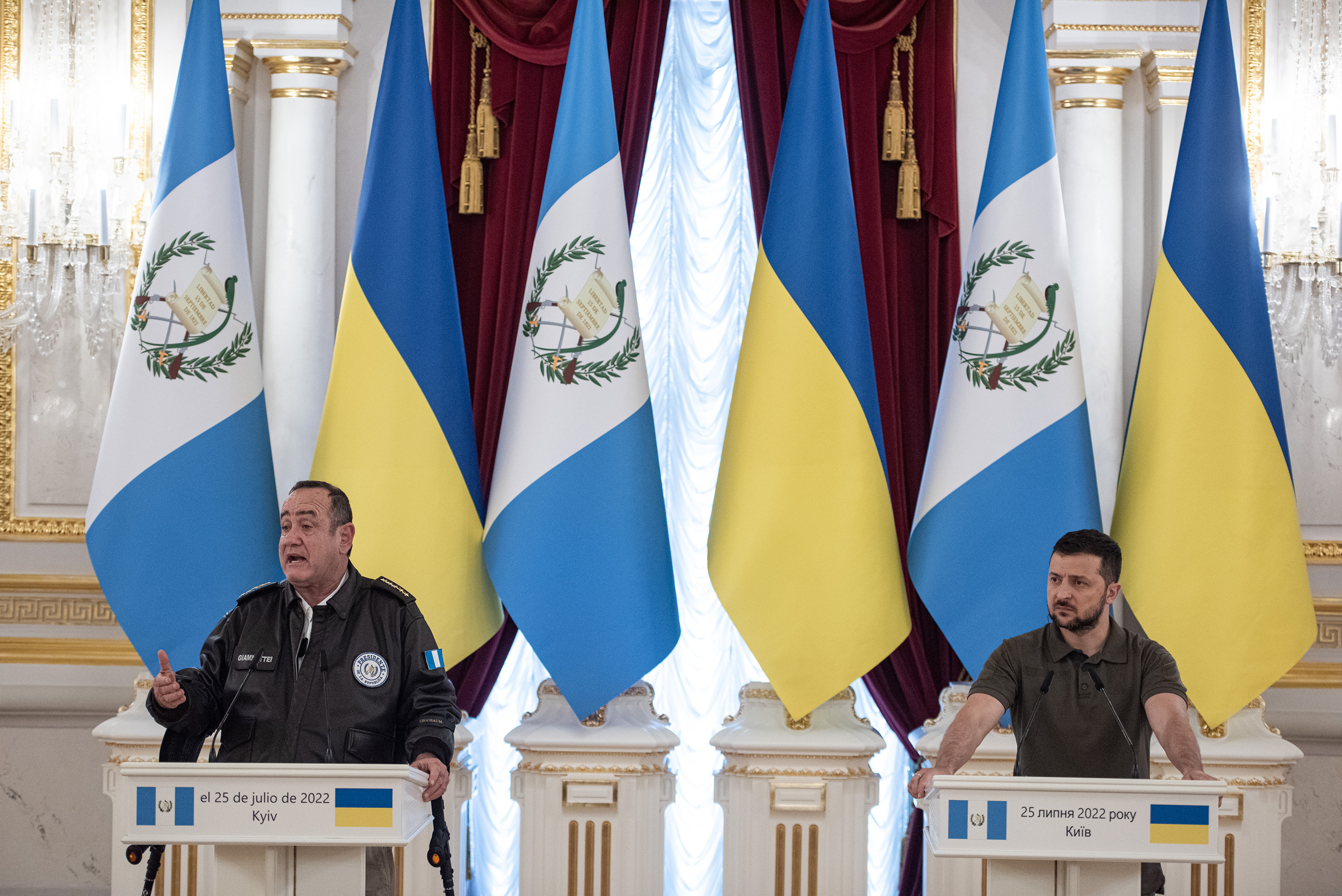 Ukrainian president Volodymyr Zelensky and President of Guatemala Alejandro Giammattei hold a joint press conference on July 25 in Kyiv, Ukraine.
