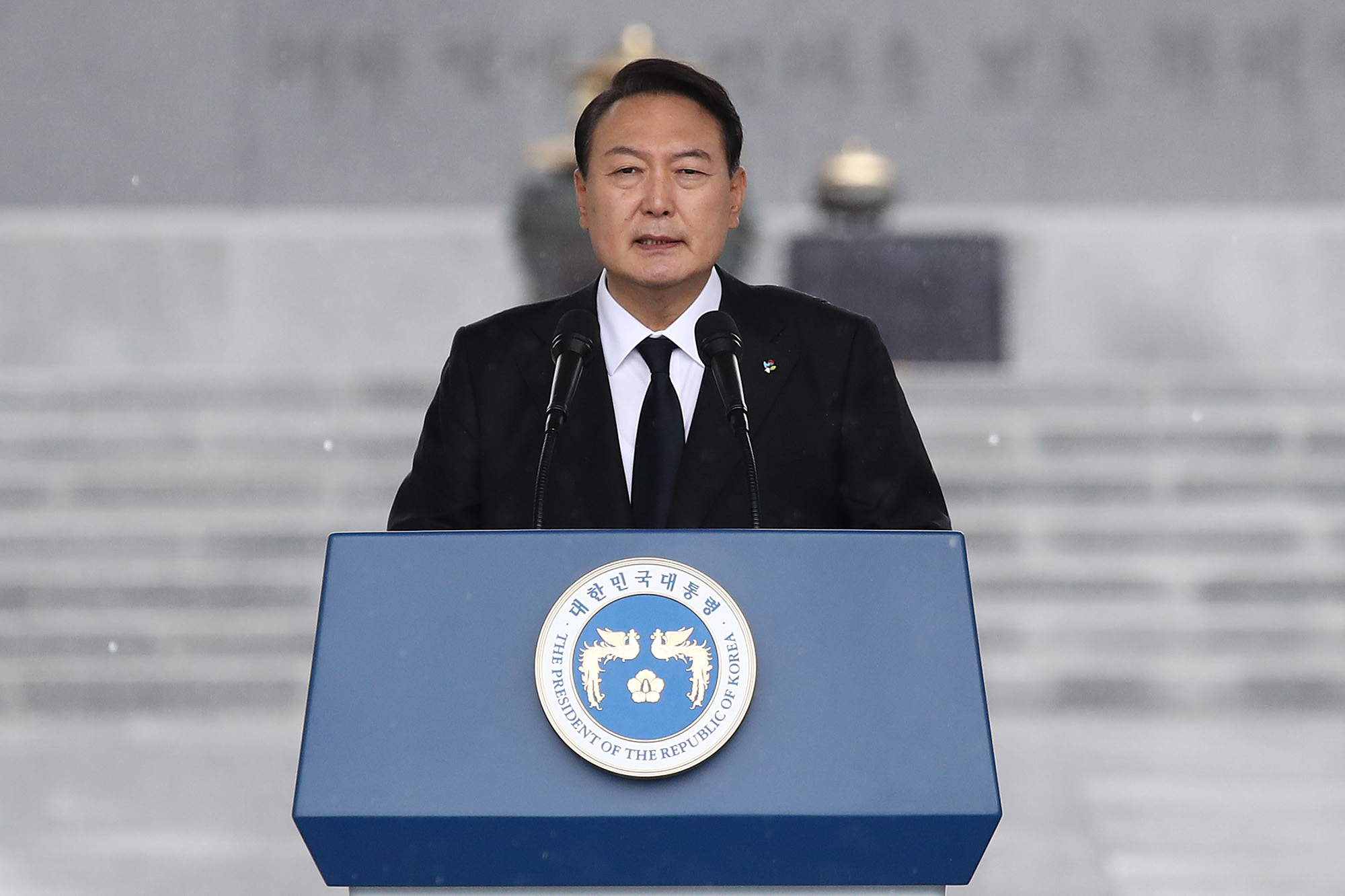 South Korean President Yoon Suk-yeol speaks during a ceremony on June 6 in Seoul, South Korea. 