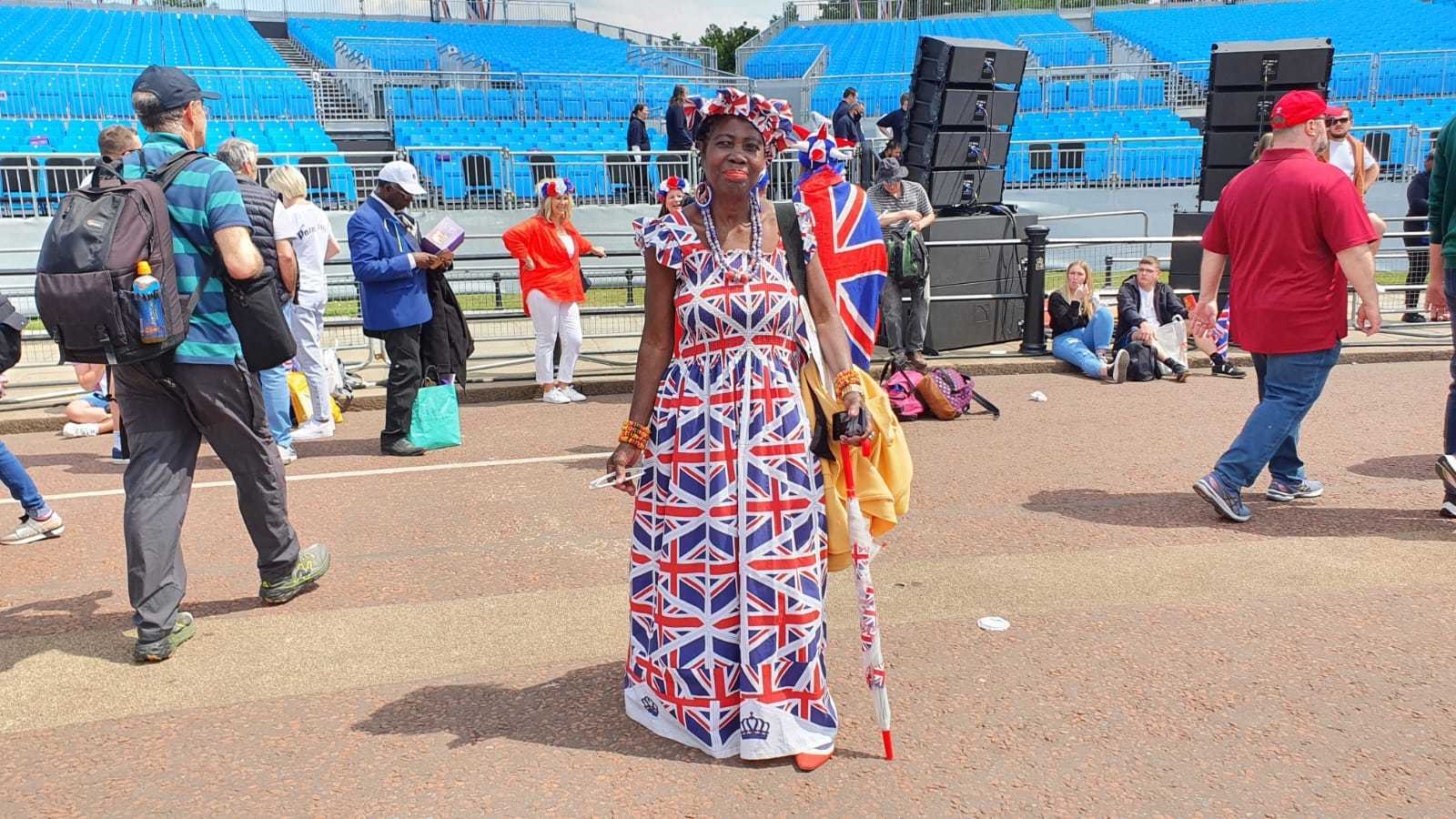 Grace Gothard, pictured near The Mall, central London, on June 2, made her own floor-length Union Jack dress.